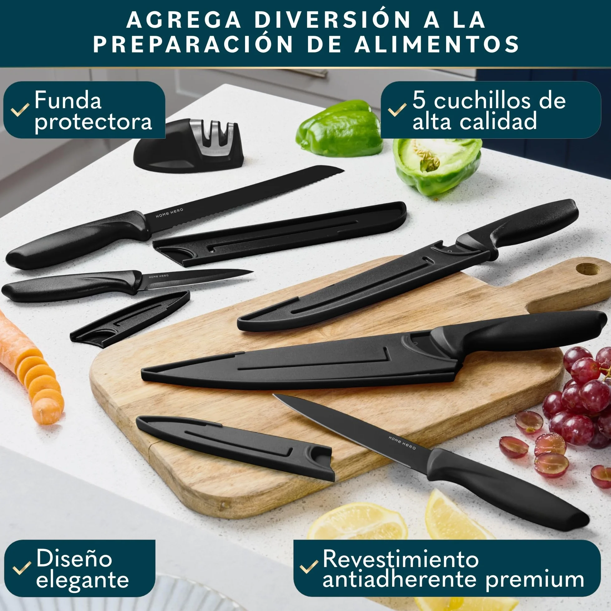 Home Hero Juego de cuchillos de cocina Juego de cuchillos de acero inoxidable con mango ergonómico (11 piezas con Vaina - Negro)