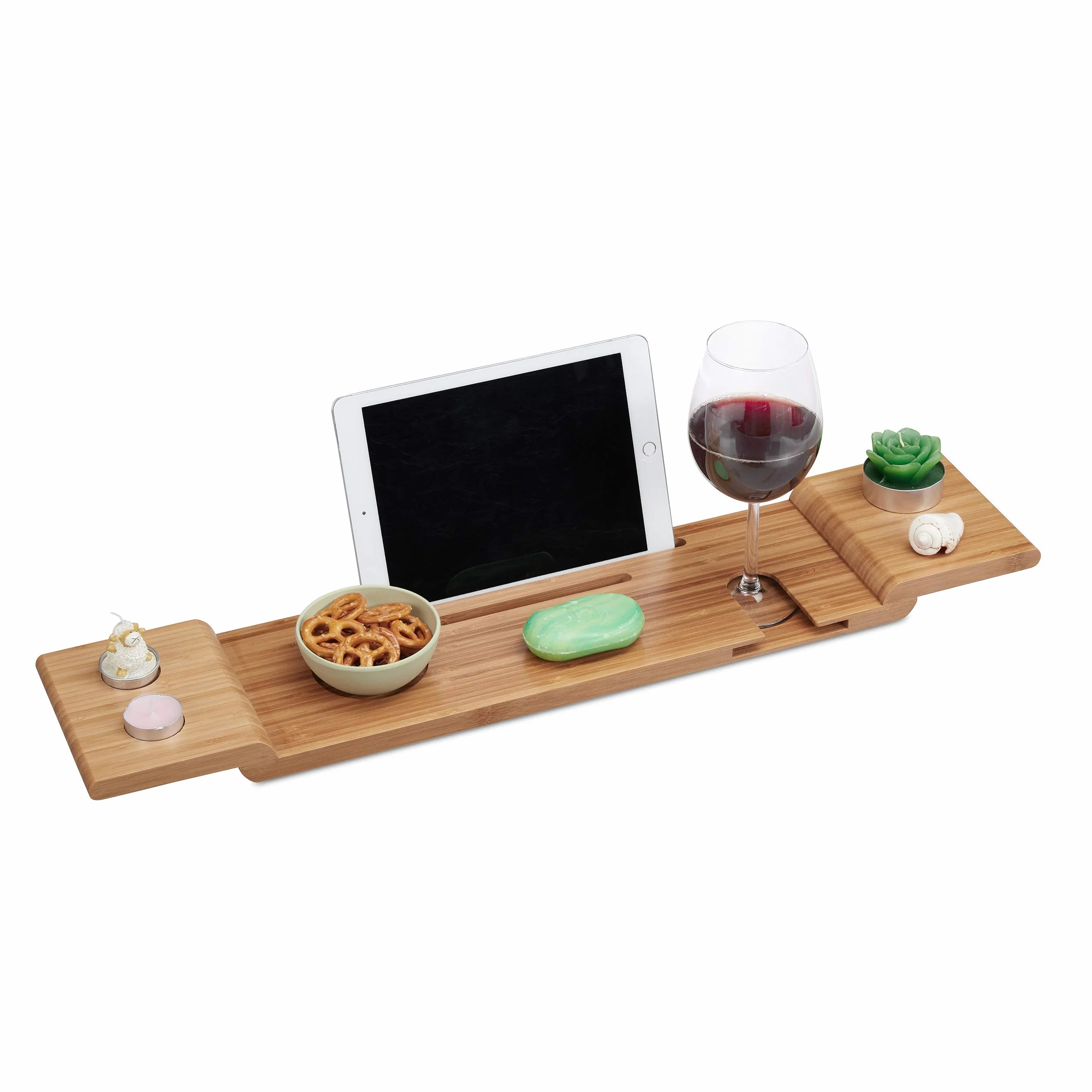 Relaxdays Bandeja Bañera de Bambú, 70 cm Ancho, Tabla Baño para Copa, Móvil, Tablet, Repisa Bañarse para Colgar, Natural