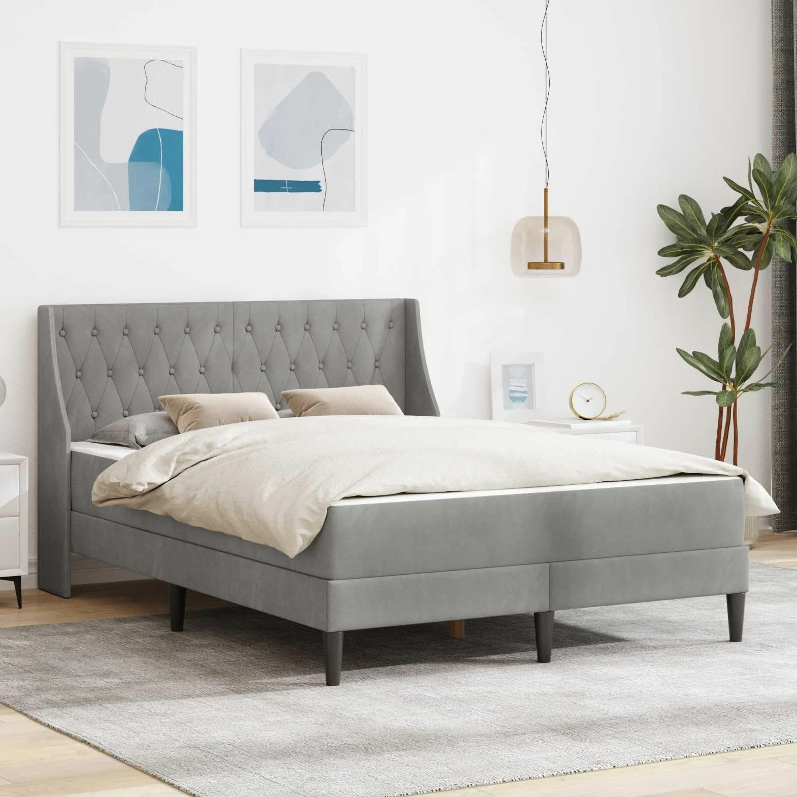 Estructura de cama con colchón de terciopelo gris claro, 160 x 200 cm, incluye colchón de espuma de 20 cm, marco de madera contrachapada, para dormitorio e invitados
