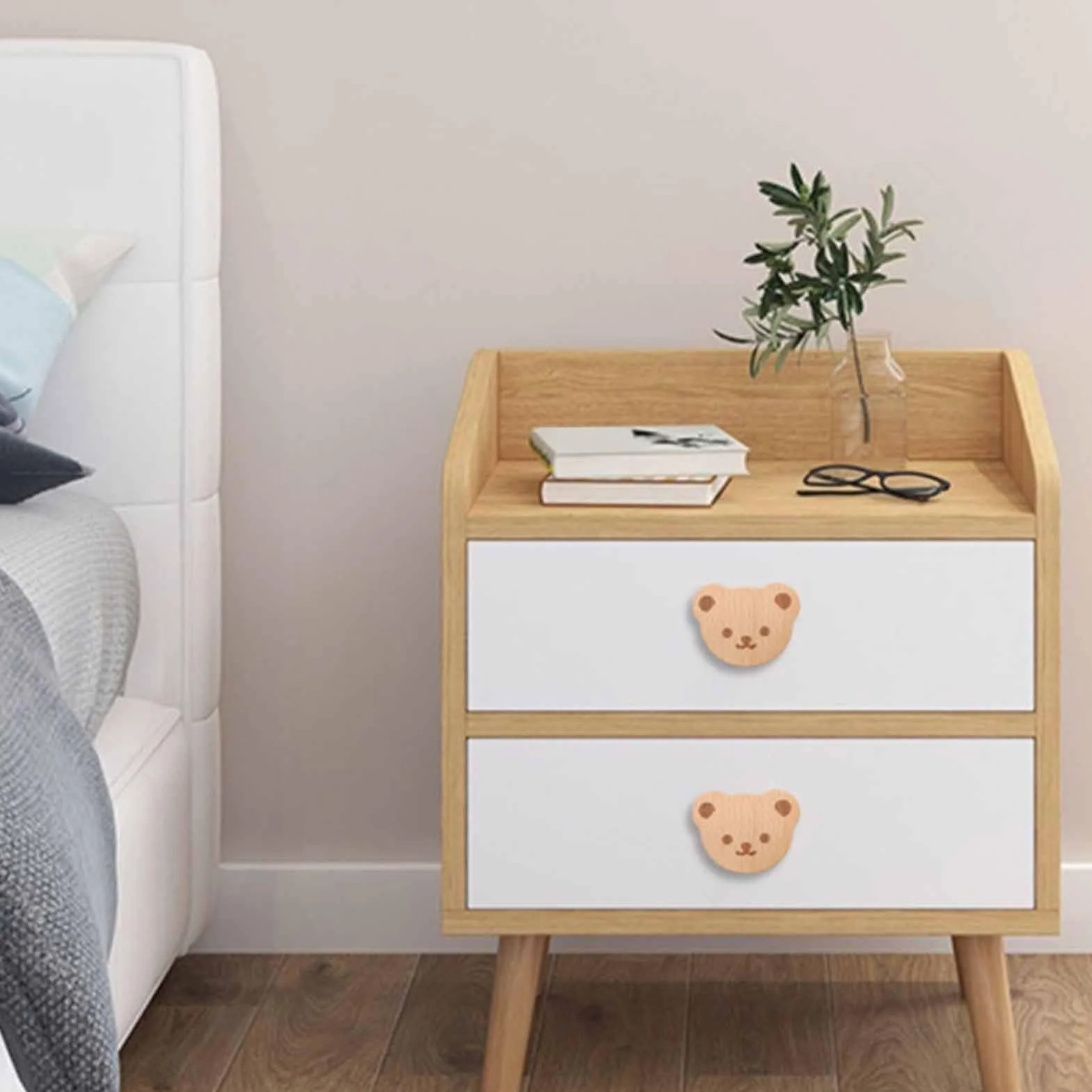 Generisch Tiradores de cajón con oso de dibujos animados, 10 unidades de botones de madera para armarios, tiradores de puertas de armario, tiradores de muebles con tornillos para tocador, baño