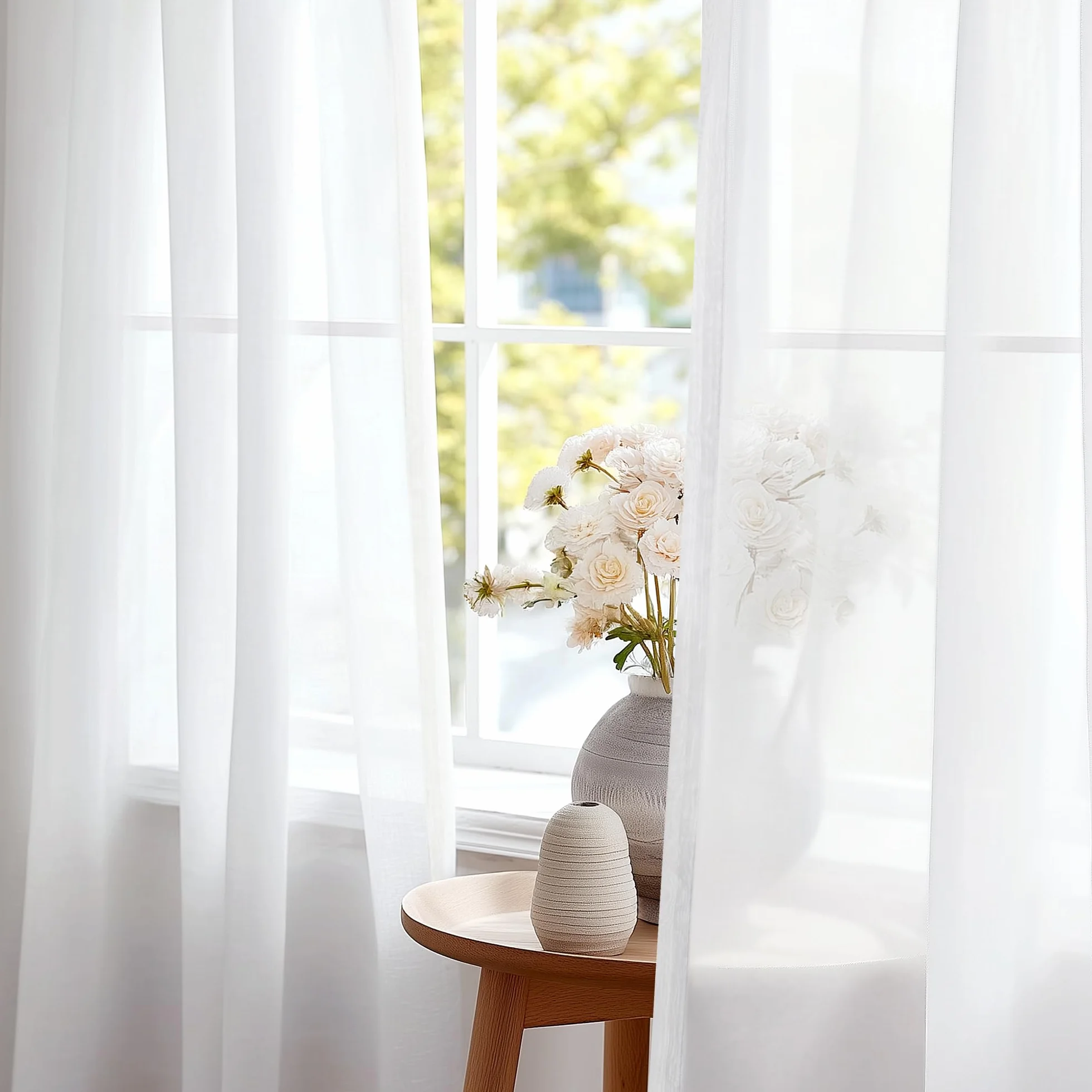 Deconovo Visillos Gasa Voile Efecto Lino Cortinas Traslúcidas 2 Unidades 132 x 242 cm Blanco