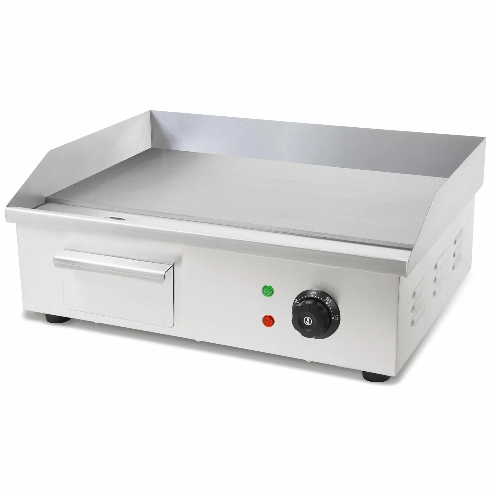 VERTES Plancha profesional de 3000 W en acero inoxidable, superficie de grill lisa de 55 x 35 cm, termostato, temperatura de 50-300 °C, protección contra salpicaduras y calor, bandeja recogegrasa