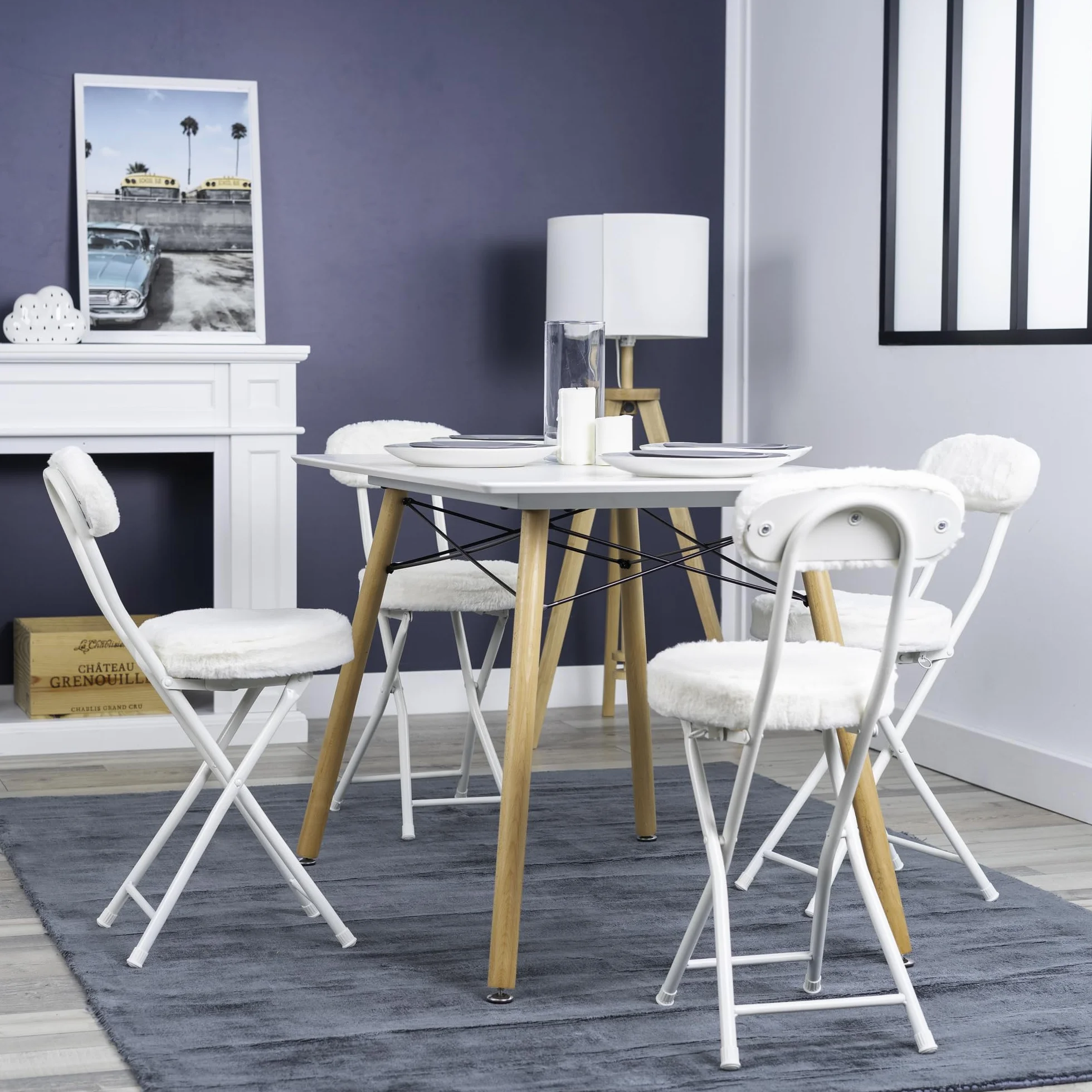 MEUBLE Cosy Juego de 4 Sillas Plegable Taburete con Respaldo y Reposapiés Tapizados de Piel, Estructura de Metal, Blanco