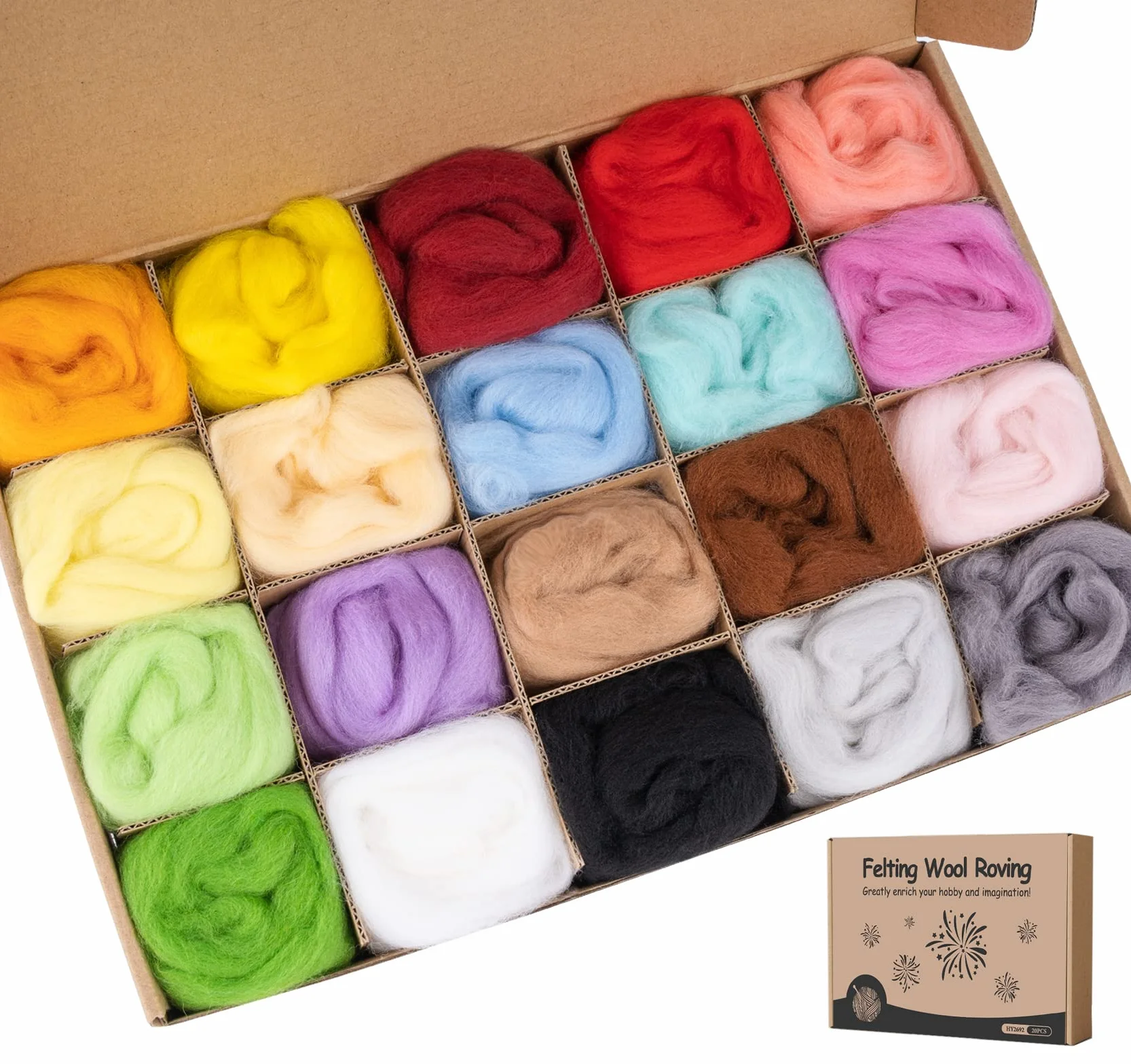 Homewit Lana de Fieltro - 20 Colores, 10 Gramos Cada Uno - Para Tejer, Fieltro Seco y Húmedo - Lana de Oveja Natural Para Elfos y Hadas
