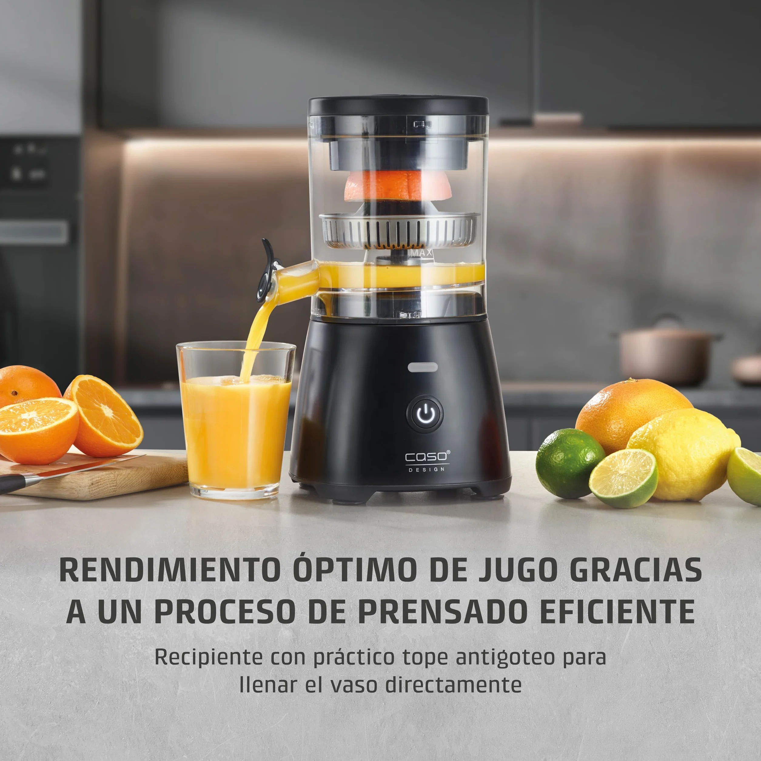 CASO CP 400 Lift - Exprimidor Eléctrico con cono universal para Naranjas y Cítricos, 300W, antisalpicaduras, alta extracción de zumo, pies con ventosa, libre de BPA, apto para lavavajillas,