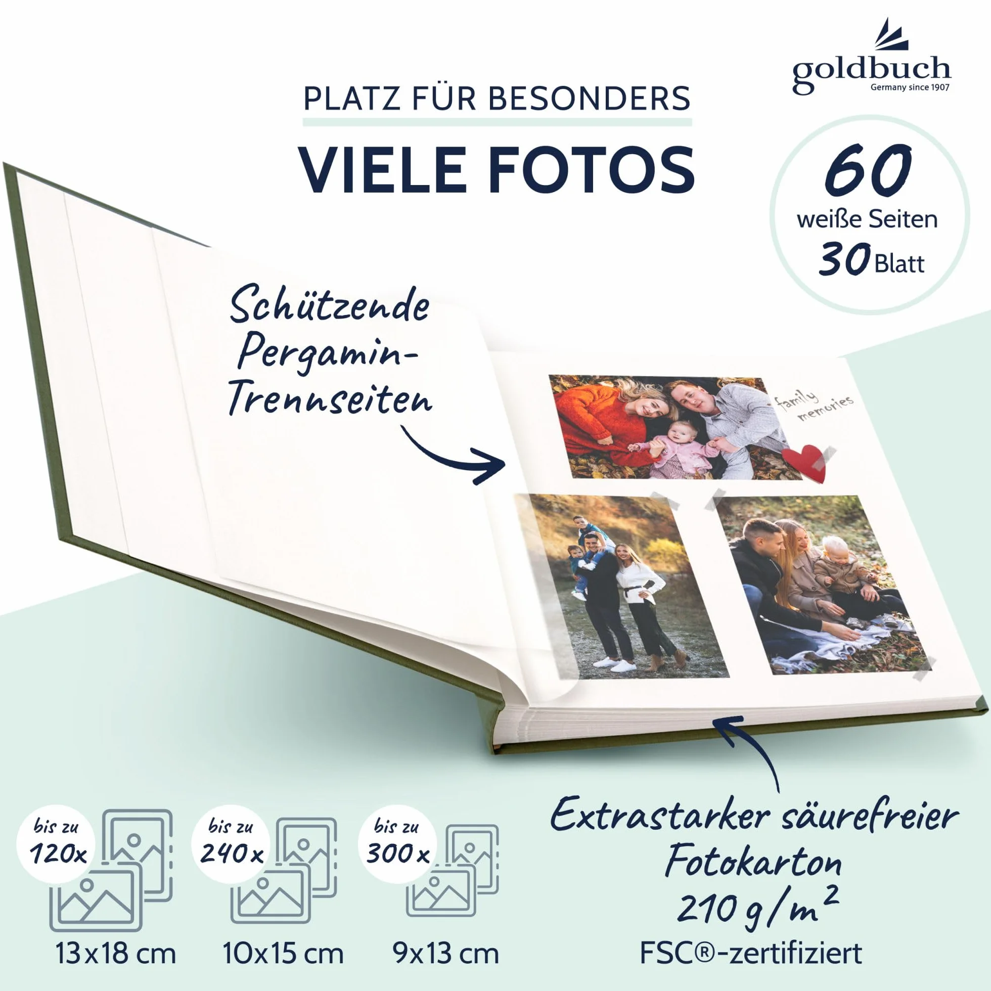 goldbuch 27 309 Bella Vista - Álbum de fotos con diseño de alcachofa, álbum de recuerdos en formato 30 x 31 cm, 60 páginas blancas con separadores de pergamino, libro de fotos con cubierta de lino en