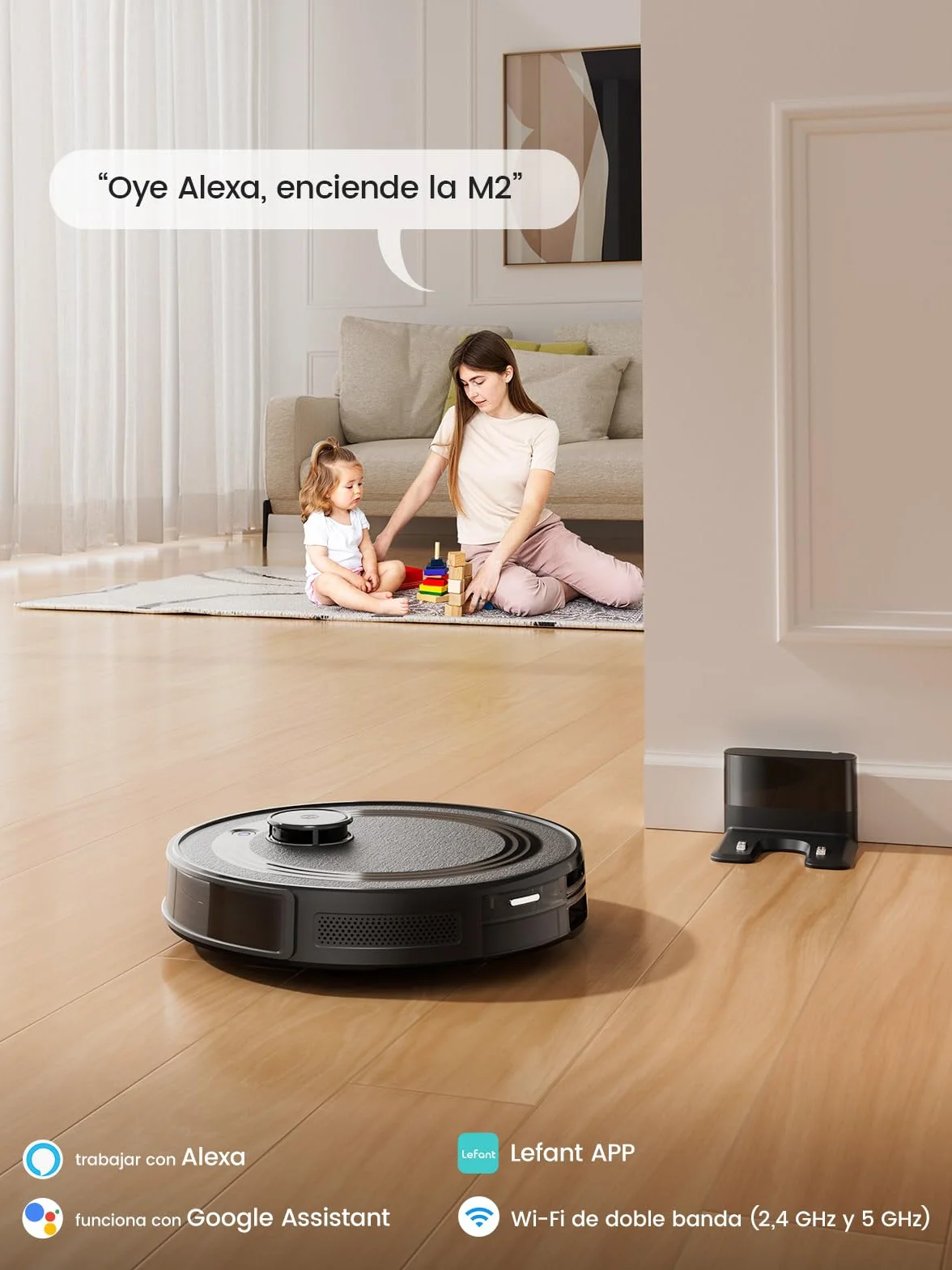 Lefant M2 Robot Aspirador y Fregasuelos 2 en 1, 6000Pa, 160min Automático, Navegación Láser, Evitación PSD, Limpieza Personalizada, Ideal para Limpiar Pelo de Mascotas y Suelos Duros