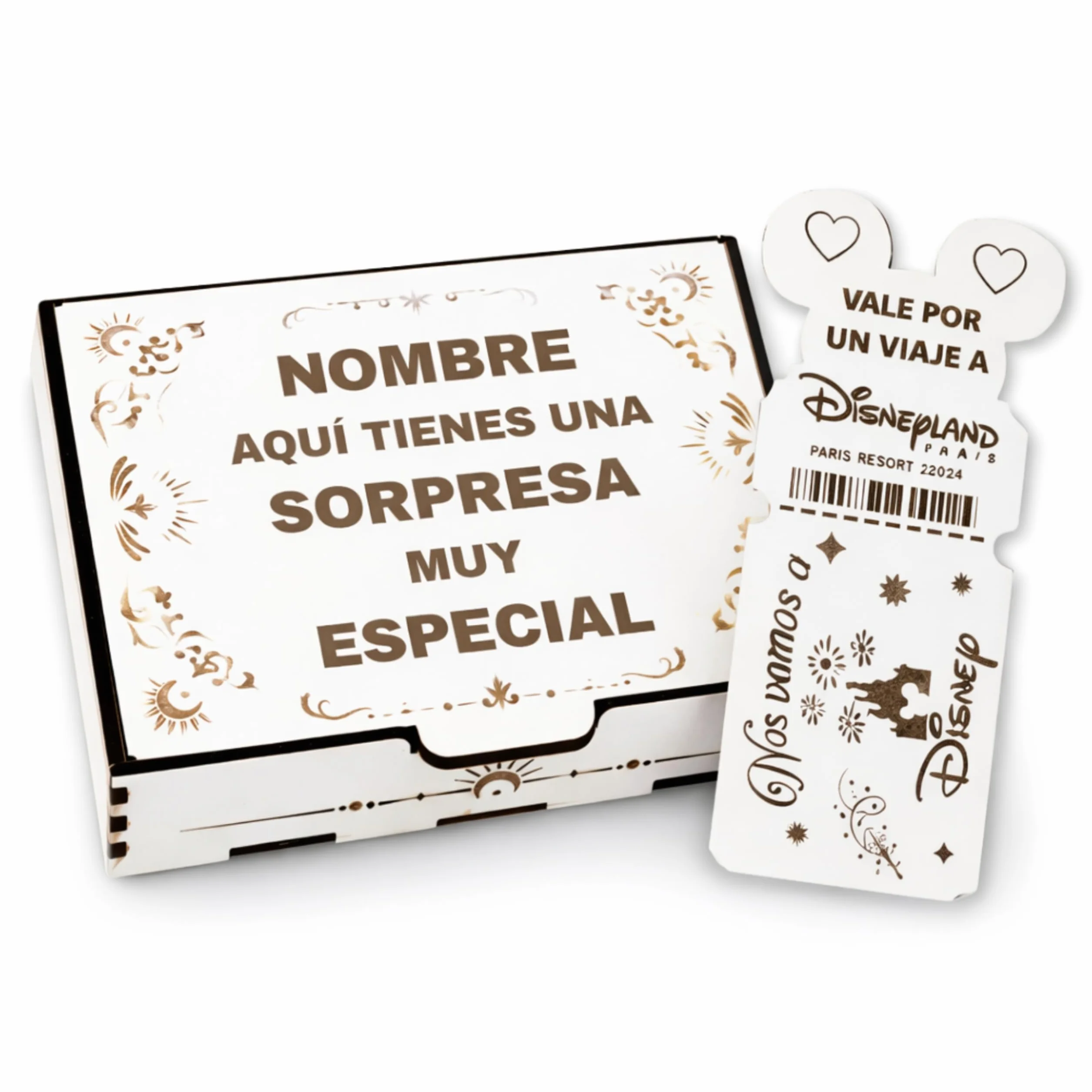 Caja Sorpresa Viaje Disney | Llave Disney Personalizada en Madera | Tarjeta Regalo en Forma de Billete | Anuncio de Viaje a Disneyland | Regalo Personalizado Comunión (Blanco, Personalizado)