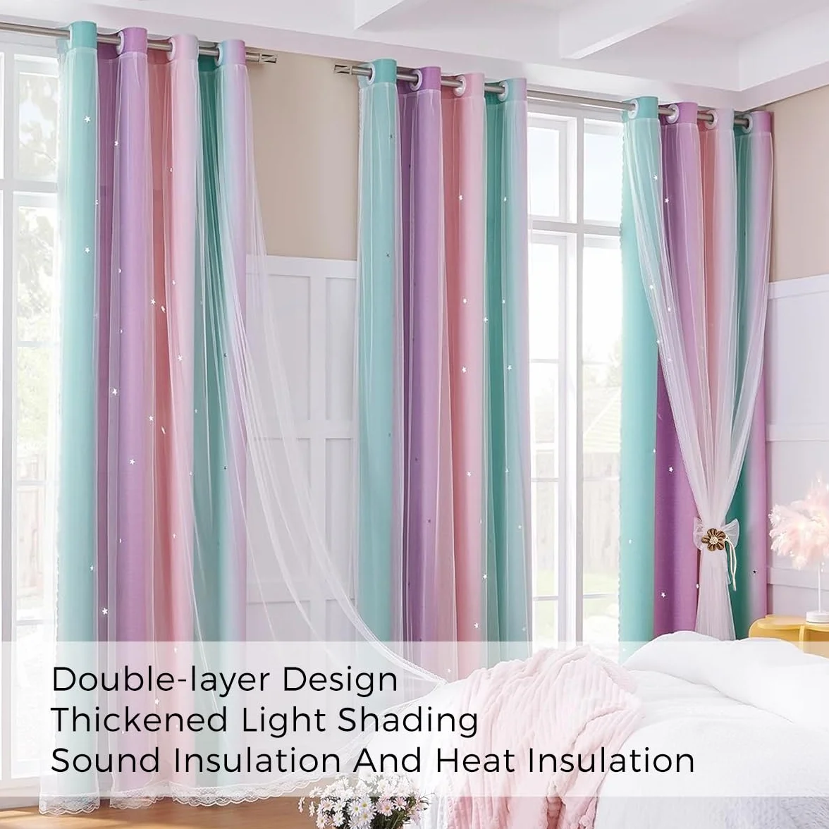 Cortinas Opacas Arcoíris para Dormitorio de Niñas, Rosa Morado Verde, 132x106 cm