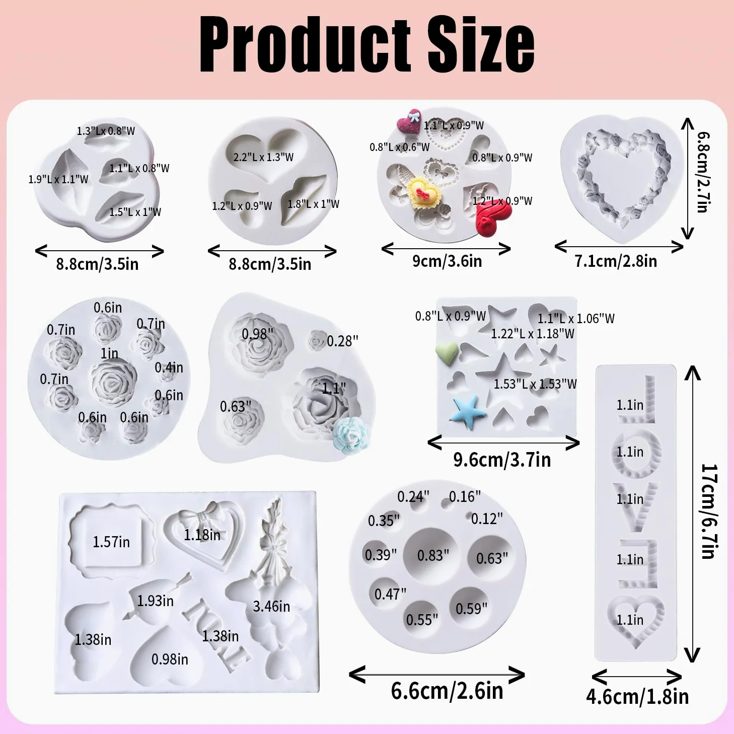 Juego de 10 moldes de silicona para fondant para el día de San Valentín, con forma de corazón, para labios, letras de amor, moldes de chocolate rosa para hornear, cupcakes, dulces, jabón