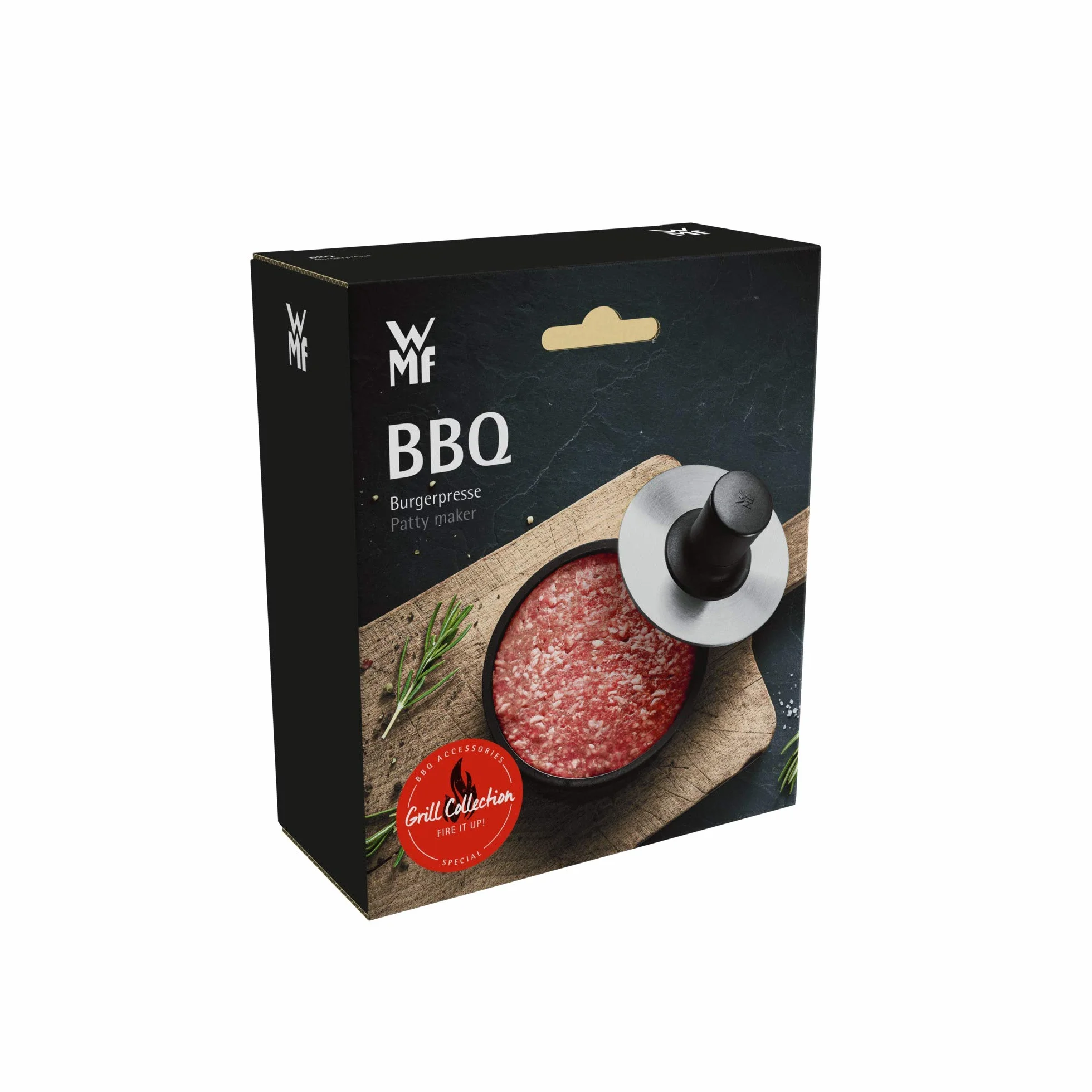 WMF BBQ - Prensa para hamburguesas de 12,5 cm, prensa uniformes para deliciosas hamburguesas,carnes y verduras, acero inoxidable cromargan 18/10, apta para lavavajillas