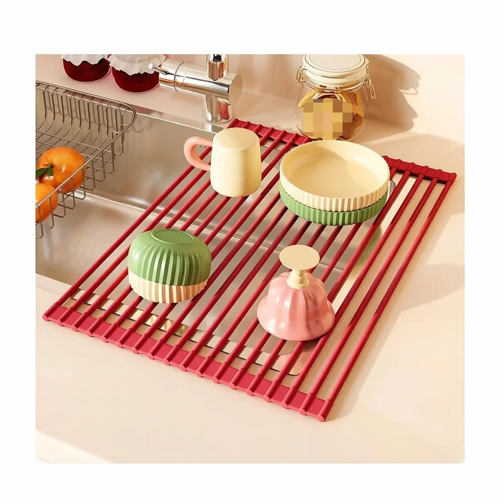 Escurridor de platos enrollable multiusos, escurridor de cocina plegable para colocar sobre el fregadero, barra de acero inoxidable con cubierta de silicona completa, escurridor antideslizante para e