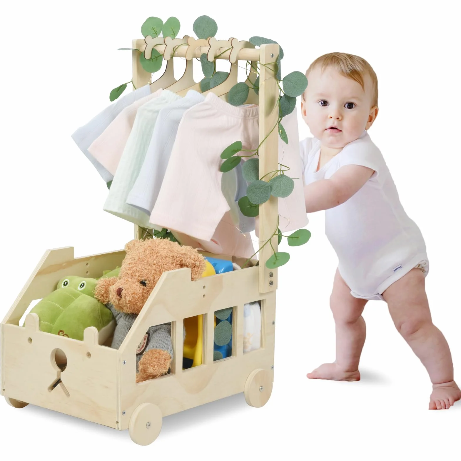 OTraki Cesta Organizadora Bebe de Madera con Ruedas, 5 Perchas para Baby Shower
