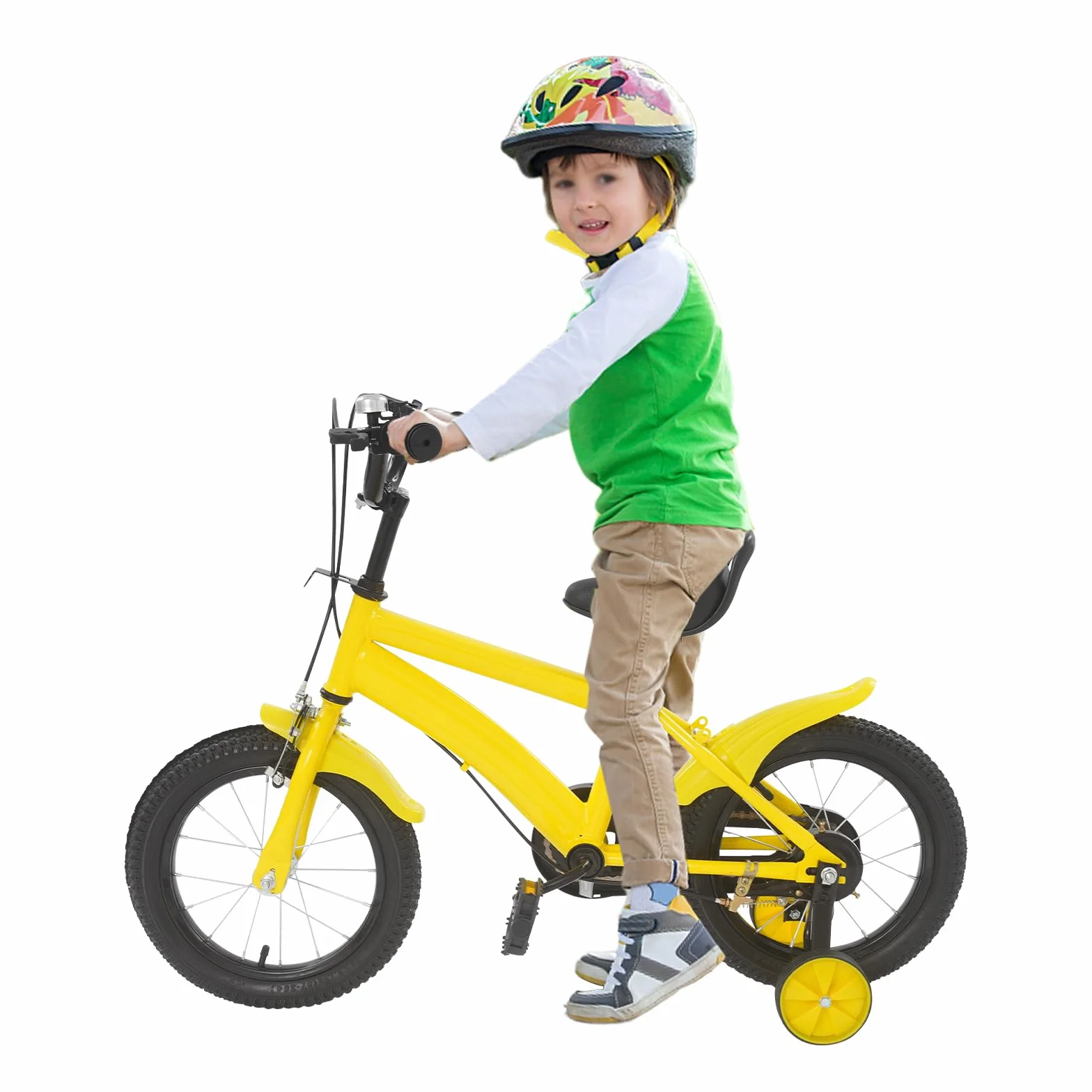Bicicleta infantil 14 pulgadas ruedas estabilizadoras guardabarros asiento ajustable 43-49 cm amarillo negro