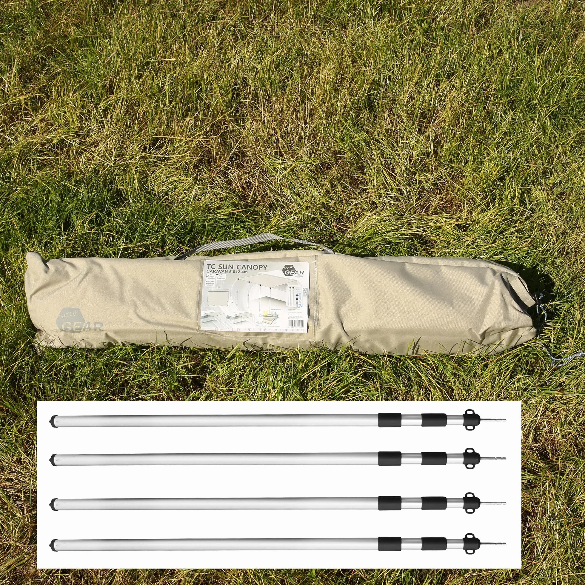GEAR Toldo para caravana TC impermeable algodón protección UV 50+ varillas telescópicas aluminio 5 tamaños 500 x 240 cm