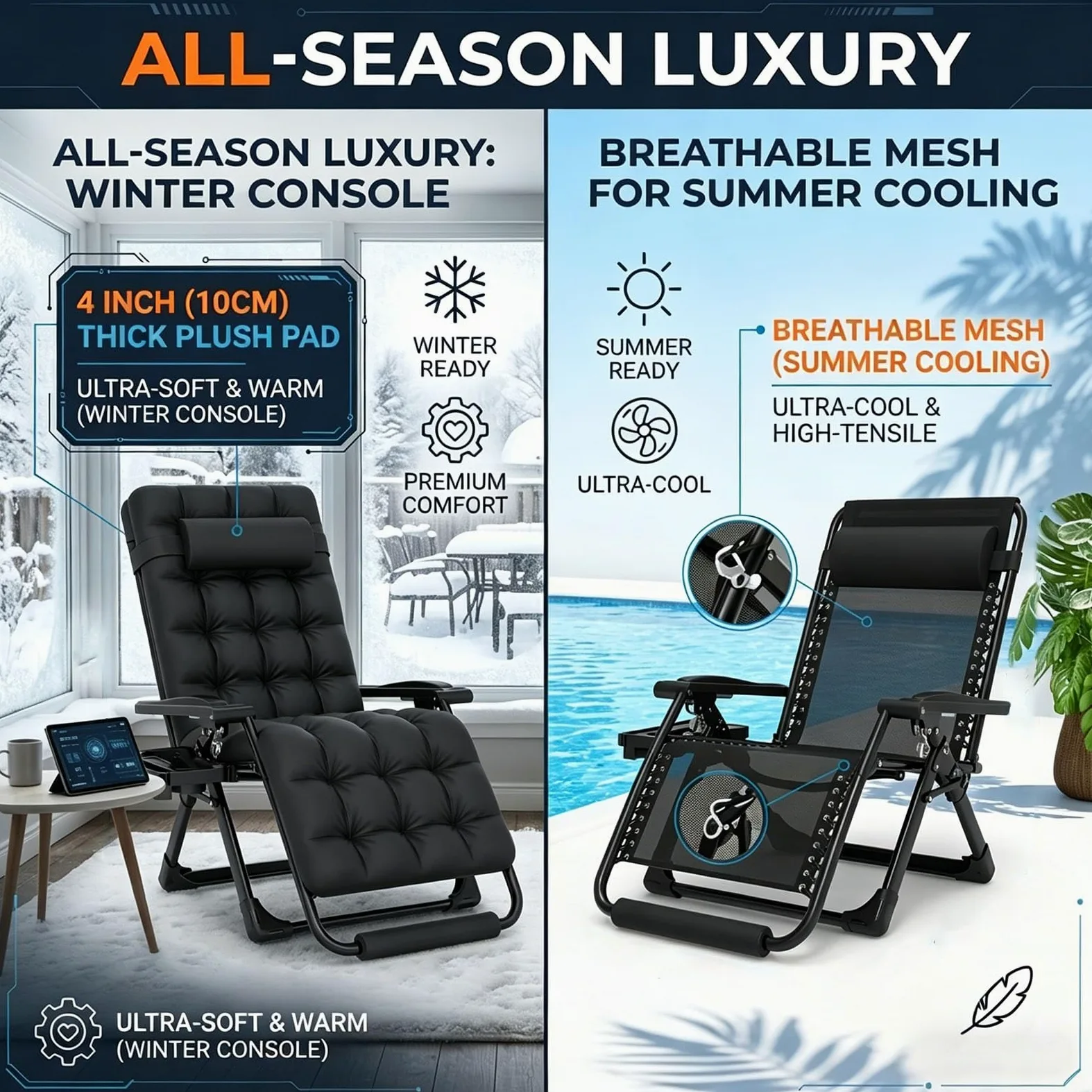 Silla Gravedad Cero XXL 33 Pulgadas Sillón Relax con Cojín 10cm Suave Todo Clima Camastro Plegable 226kg para Terraza Jardín Dormitorio y Descanso
