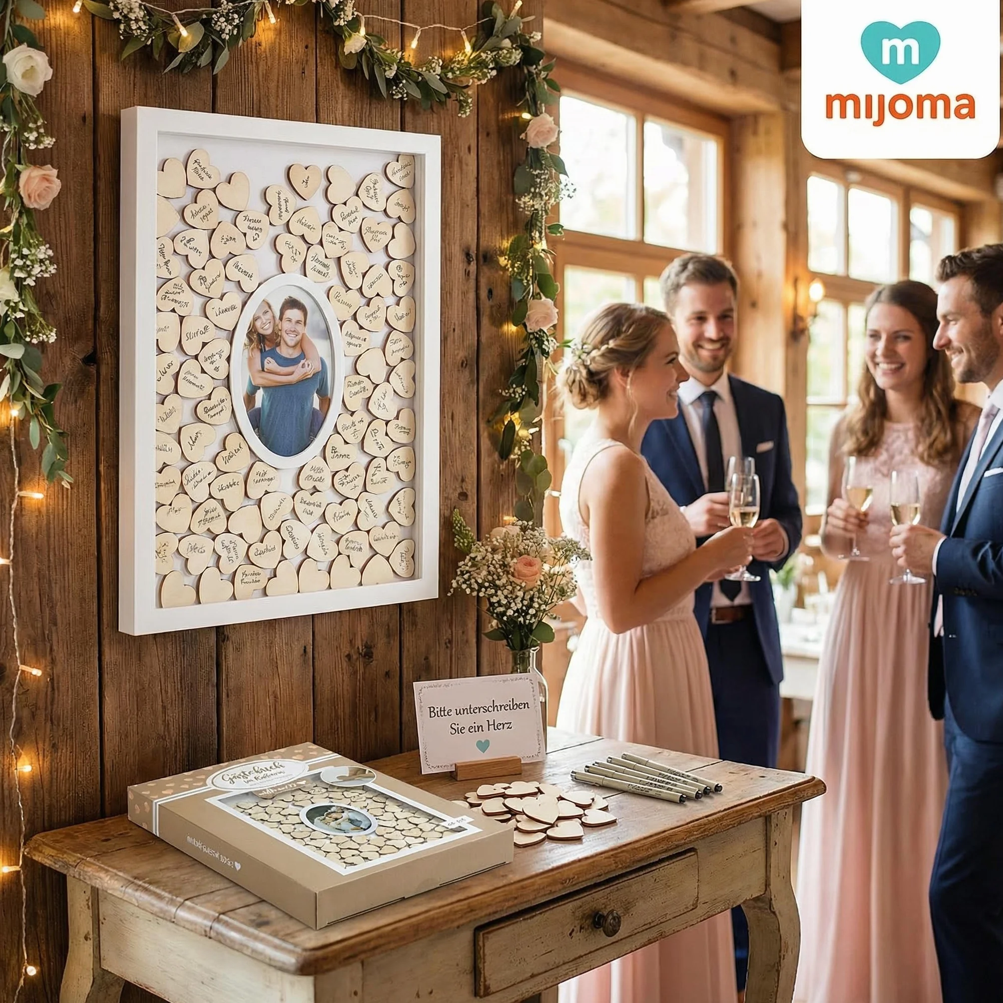 MIJOMA Marco de fotos de libro de visitas, recuerdo con 72 corazones de madera, para bodas y fiestas, color blanco y natural