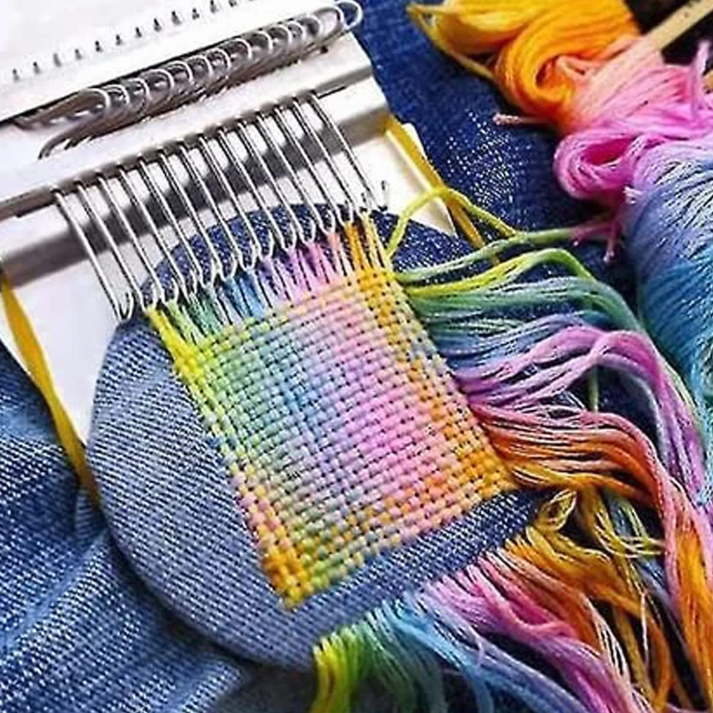 Allazone Telar Pequeño para Tejer, 21 Hooks Máquina de Tejer en Telar de Madera, 50 Color Hilo de Bordar para remendar Jeans, Calcetines y Ropa