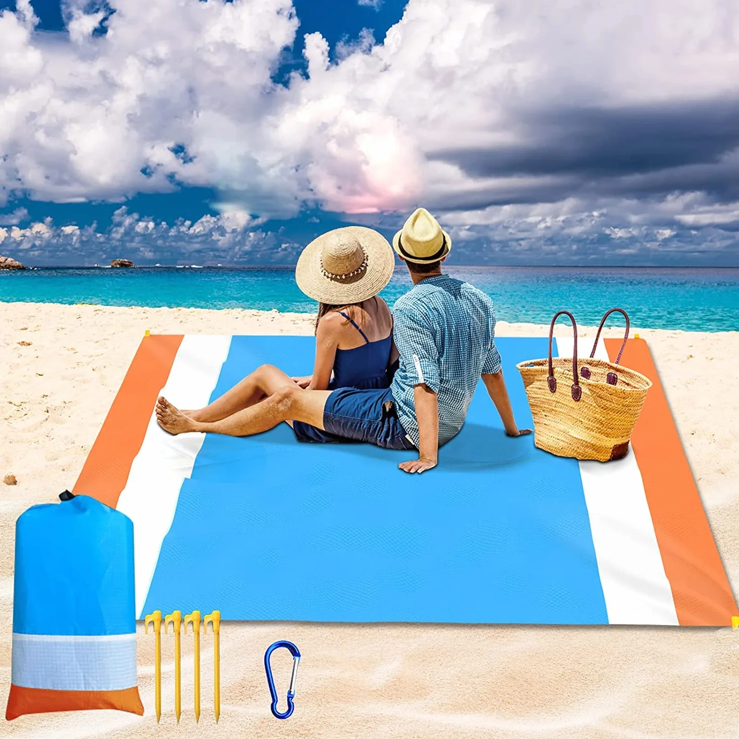 Manta de Playa Impermeable 200x210cm con 4 Estacas, Azul+Gris