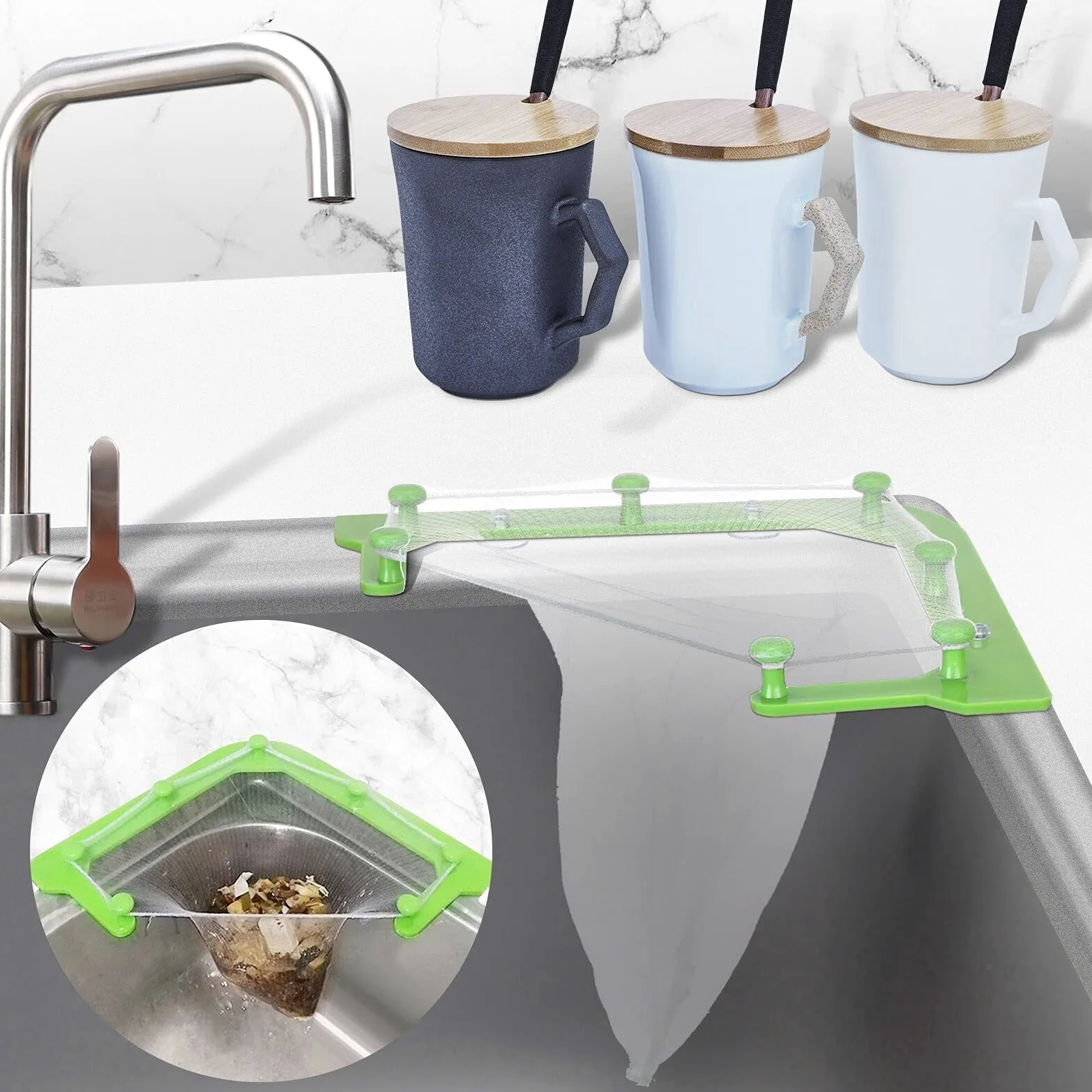 Cesta coladora triangular para fregadero, escurridor de verduras, frutas, cesta con ventosa para almacenamiento de cocina, estante de filtro para fregadero (gris)