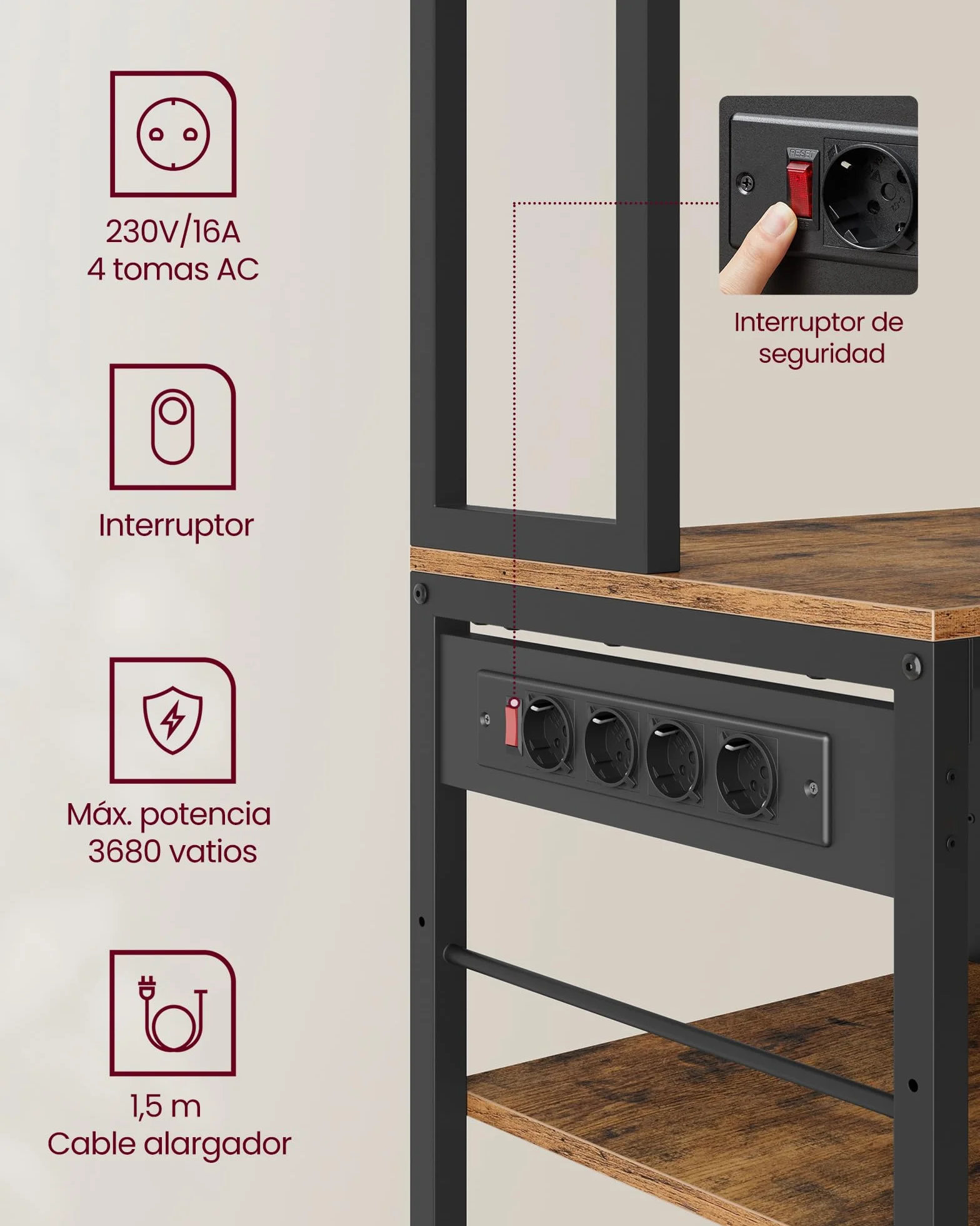 VASAGLE Estanteria Cocina con Multienchufe, Mueble Auxiliar de Cocina, Cajón de Tela, 40 x 80 x 180,4 cm, Estante de Microondas, 12 Ganchos, Marrón Rústico y Negro Tinta KKS015K03