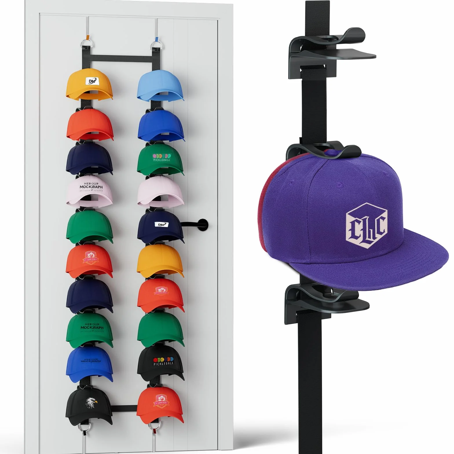 Soporte para gorras de béisbol sobre la puerta, espacio para 20 – 40 gorras, almacenamiento colgante con 2 correas ajustables (negro)