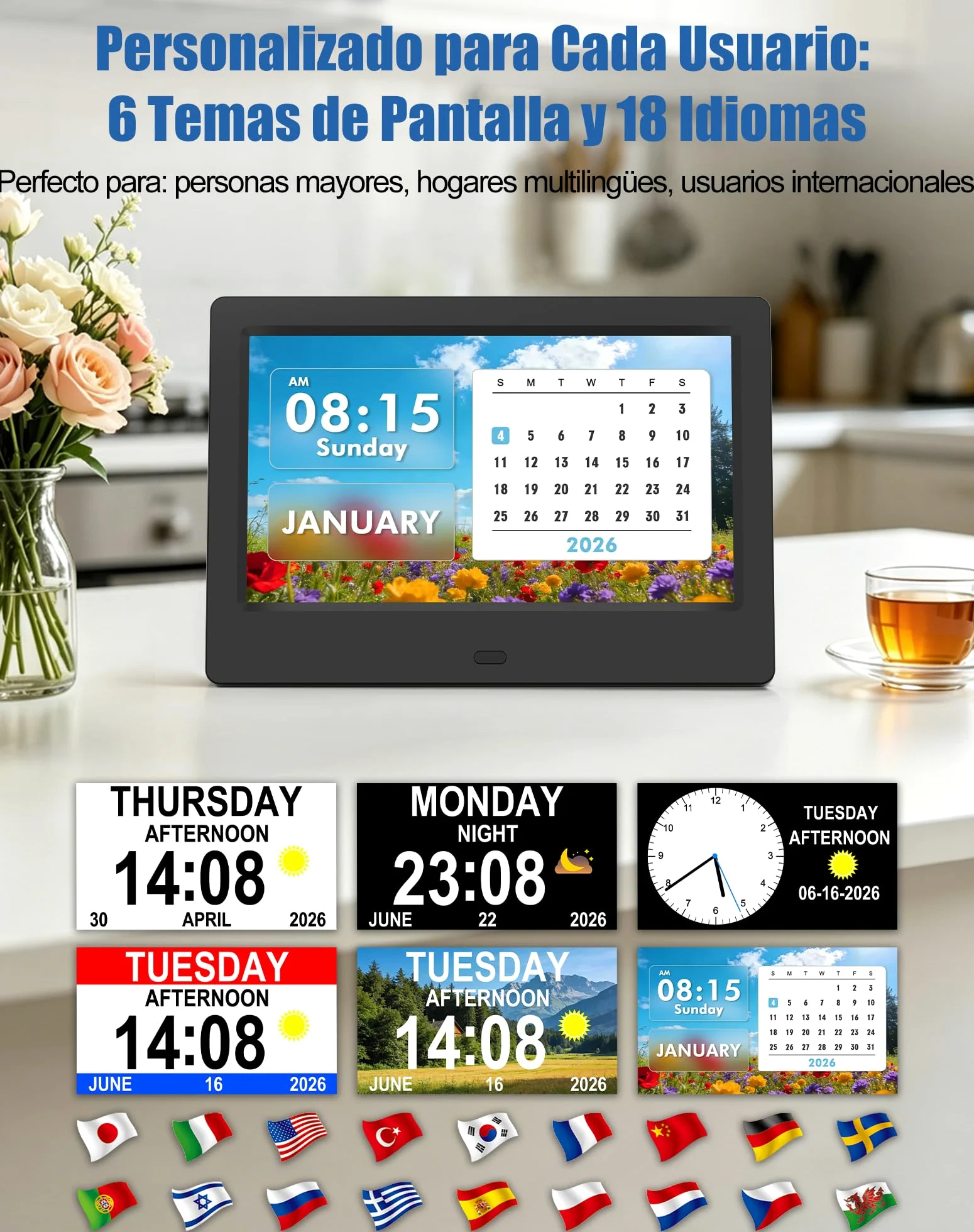 jely Reloj Digital para Personas Mayores 7'' Calendario Digital para Alzheimer y Pérdida de Memoria, 20 Recordatorios, 24 Alarmas, Marco de Fotos Digital, Control Remoto, Reloj de Pared y Mesa - Negro