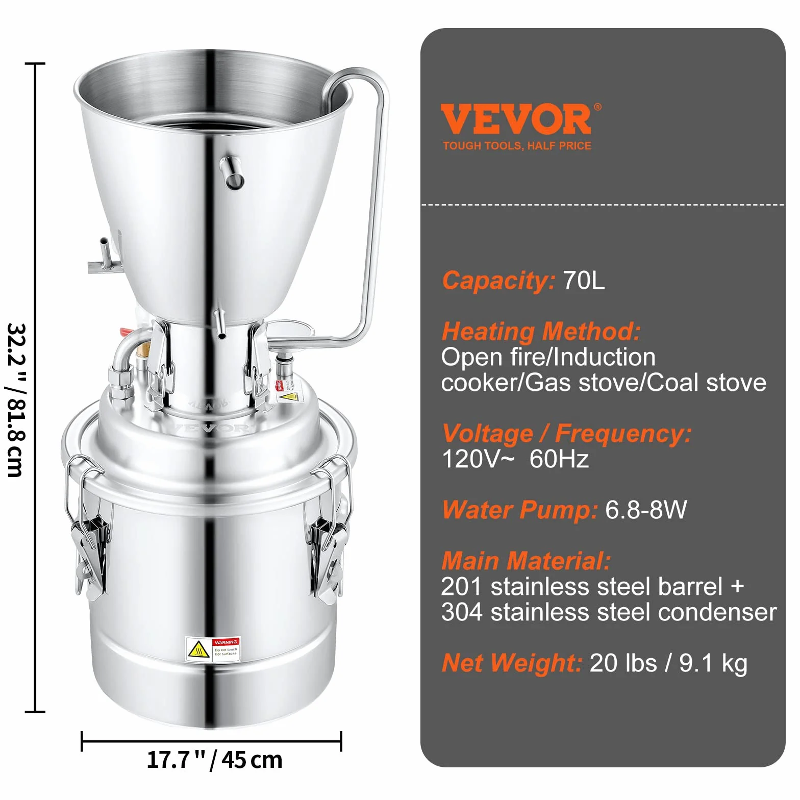 VEVOR Destilador de Alcohol para Uso Doméstico con Bomba de Agua 6,8-8 W Capacidad de 70L Kit de Destilación de Alcohol de Acero Inoxidable Kit de Destilador de Agua para Vino, Licor, Aceite Esencial