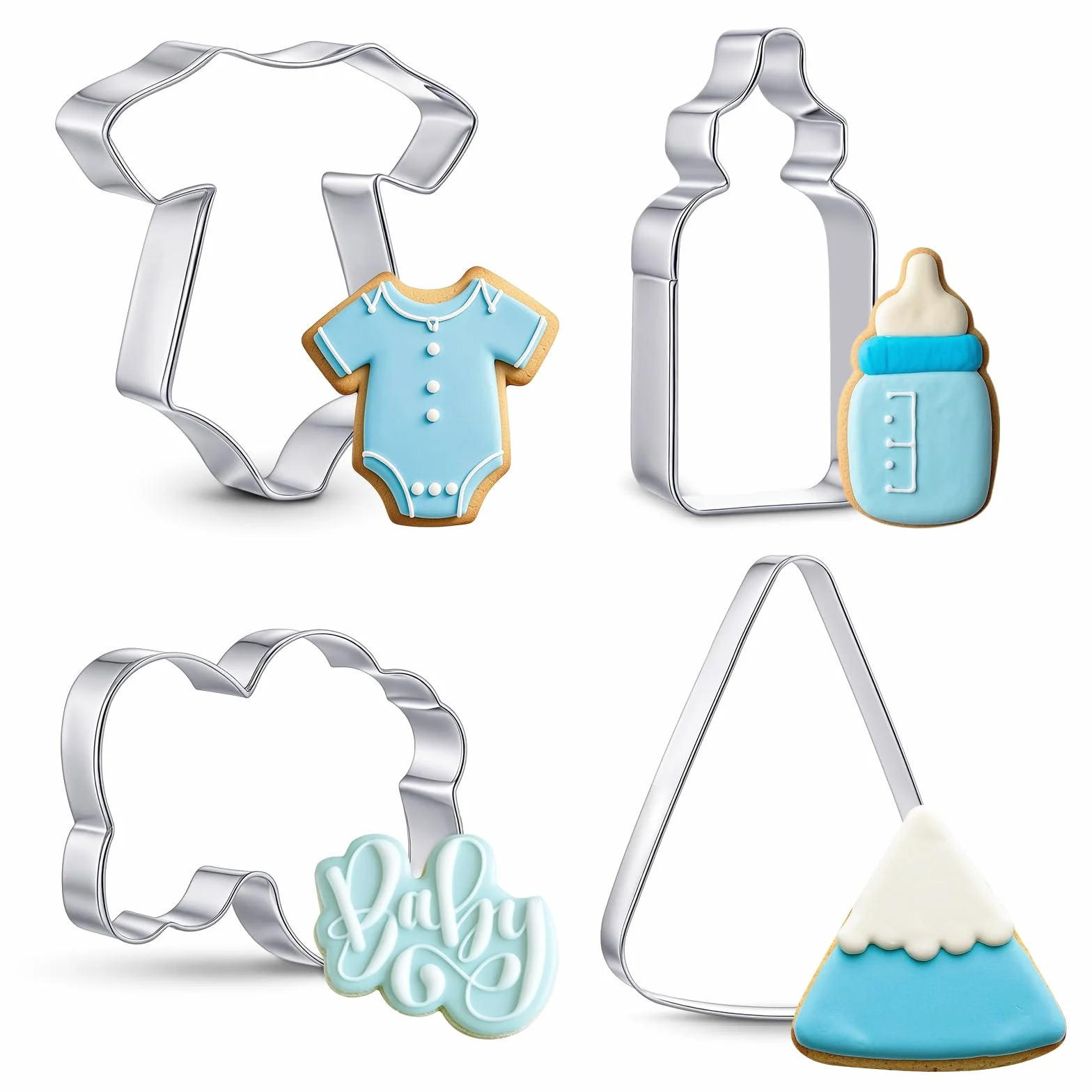 Teenyyou 4 cortadores de galletas para baby shower, cortador de galletas de acero inoxidable para bebé, palabras de bebé, cuña y cortadores de galletas para biberones para bebé