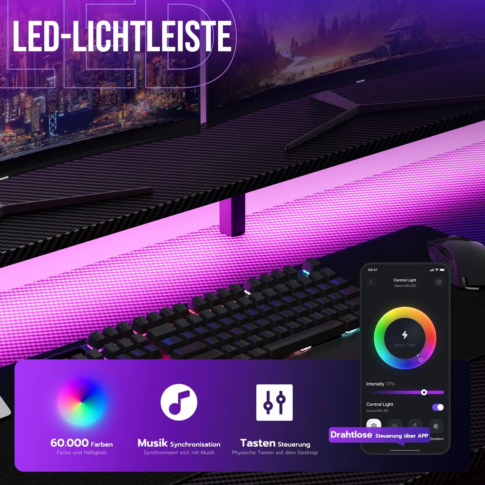 YOUDENOVA Escritorio para Gaming 150 * 50cm, Mesa de Juegos con iluminación LED y tomacorriente, Mesa de Ordenador con cajones, Fibra de Carbono Negro
