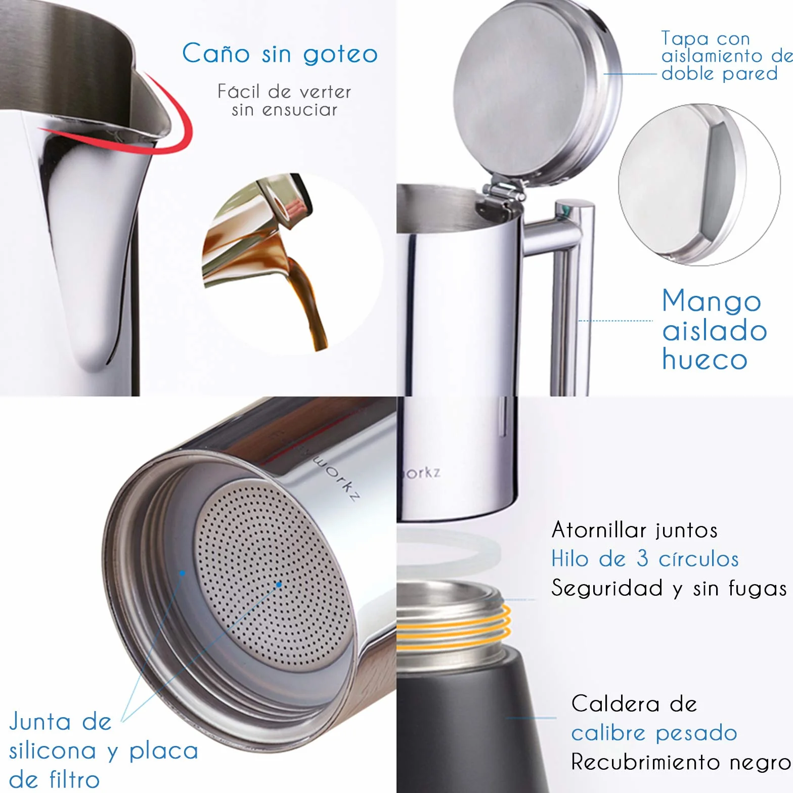 Easyworkz Diego Cafetera Italiana de Acero Inoxidable para Cocina de inducción,520 ml, 10-12 Tazas,Negro