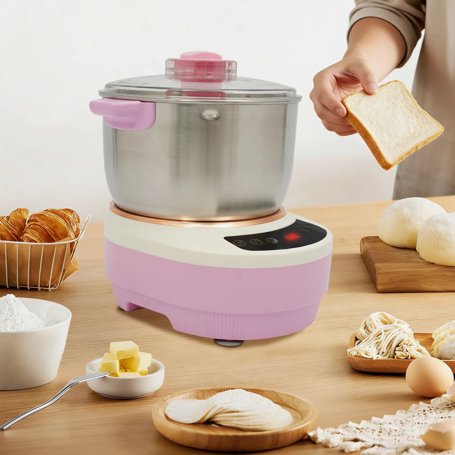 Acero Inoxidable Amasadora Eeléctrica avec Fonction Fermentation | 7 Litros Rosa Maquina de Masa, con Tapa Transparente, Diseño Silencioso, Preparación de Pan y Pasta