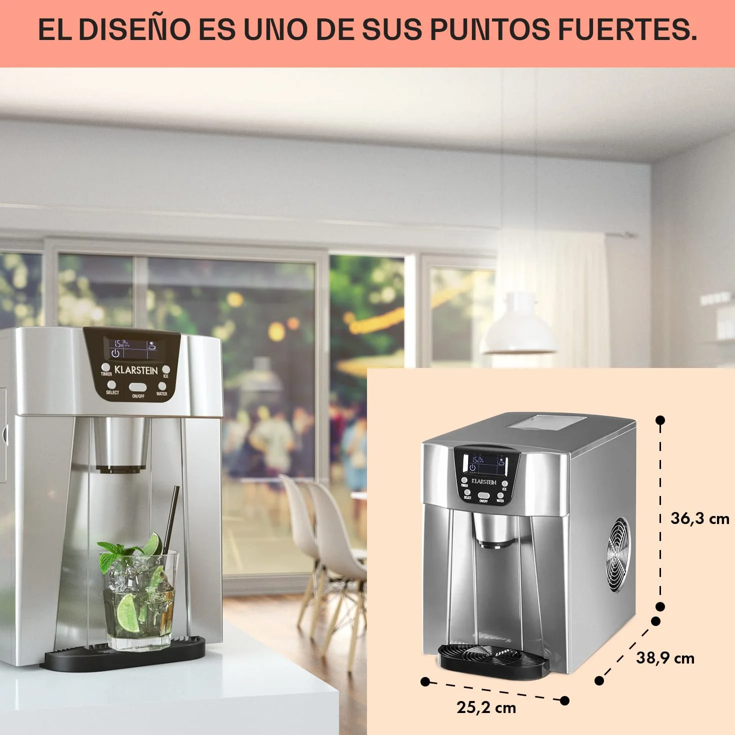 Klarstein Maquina de Hielo para Casa 2L, Ice Maker Encimera 12 kg, Maquina para Hacer Cubitos de Hielo Grandes para Casa con Panel Táctil y Sistema Auto Limpieza, Función Extra Rápida