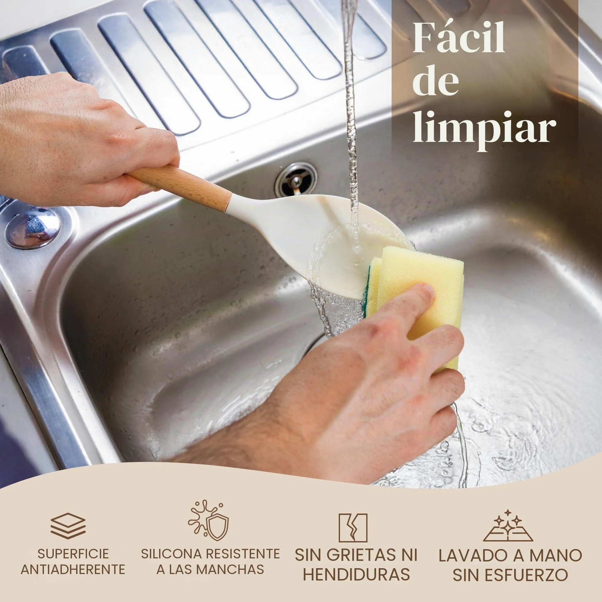 Juego de utensilios de cocina antiadherentes, utensilios de silicona resistentes al calor con mango de madera, cucharones, cucharas y espátulas