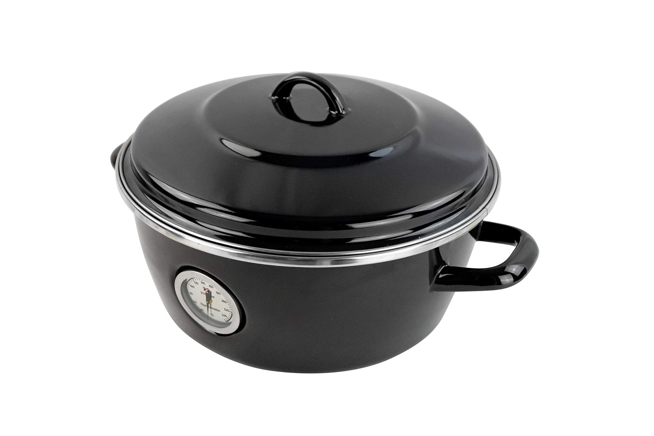 Dutch Oven Magefesa Negro de 26cm. Fabricado en España. Material de acero esmaltado con termómetro incorporado y recubrimiento antiadherente. Herrajes y tapas especiales para horno.