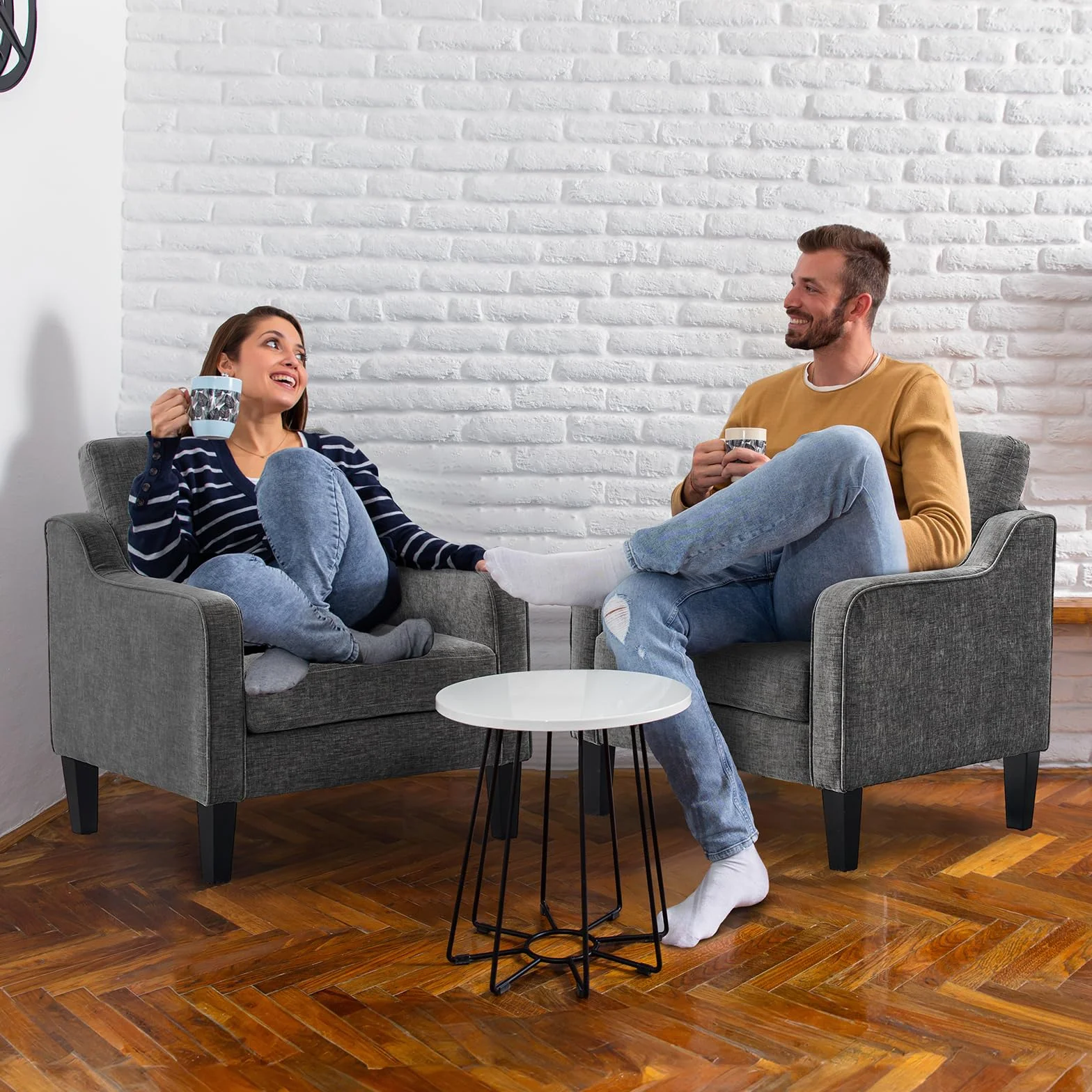 Bonnlo Juego de 2 Sillón de Salón, Butaca Moderna para Sala de Estar, Sofá Individual con Cojín Grueso y Patas de Madera, Sillón Individual Cómodo, para Salón, Oficina y Dormitorio, Gris