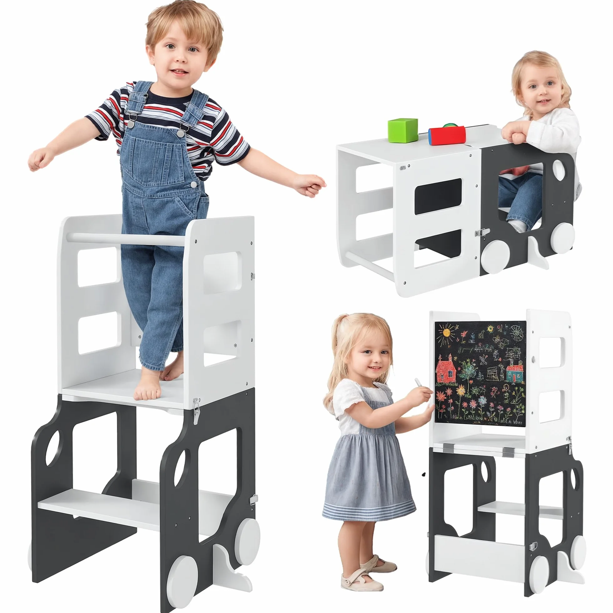 AIYAPLAY Torre de Aprendizaje Montessori 4 en 1 Taburete para Niños +3 Años 58x46x92 cm Blanco y Gris