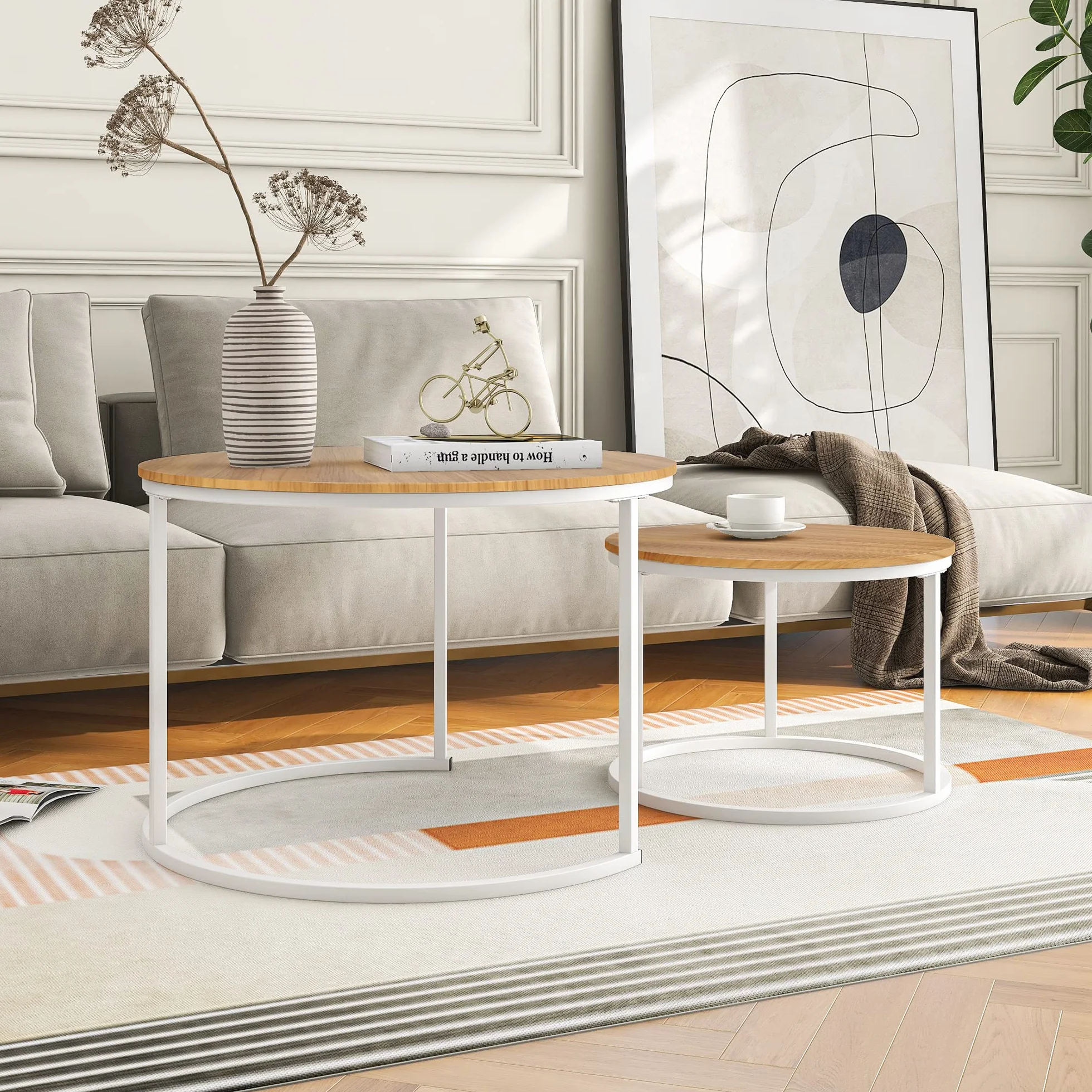 BOFENG Mesa de Centro Redonda Anidable, Juego de 2 Mesas Auxiliares para Sala de Estar/Dormitorio/Espacio Pequeño, Fácil Montaje (Blanco+Roble Oscuro, Juego de 2)