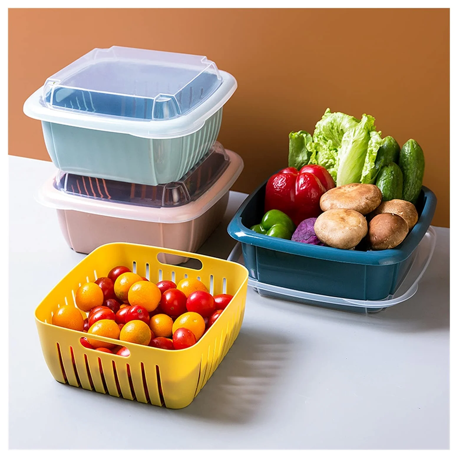 Colador de Cocina Tazón de canasta de drenaje con tapa Cuadrado Fruta Vegetal Cuenca Cesta de lavado Cocina Sellado Fresco Mantenimiento de almacenamiento Caja de almacenamiento Juego de Crisper Colad