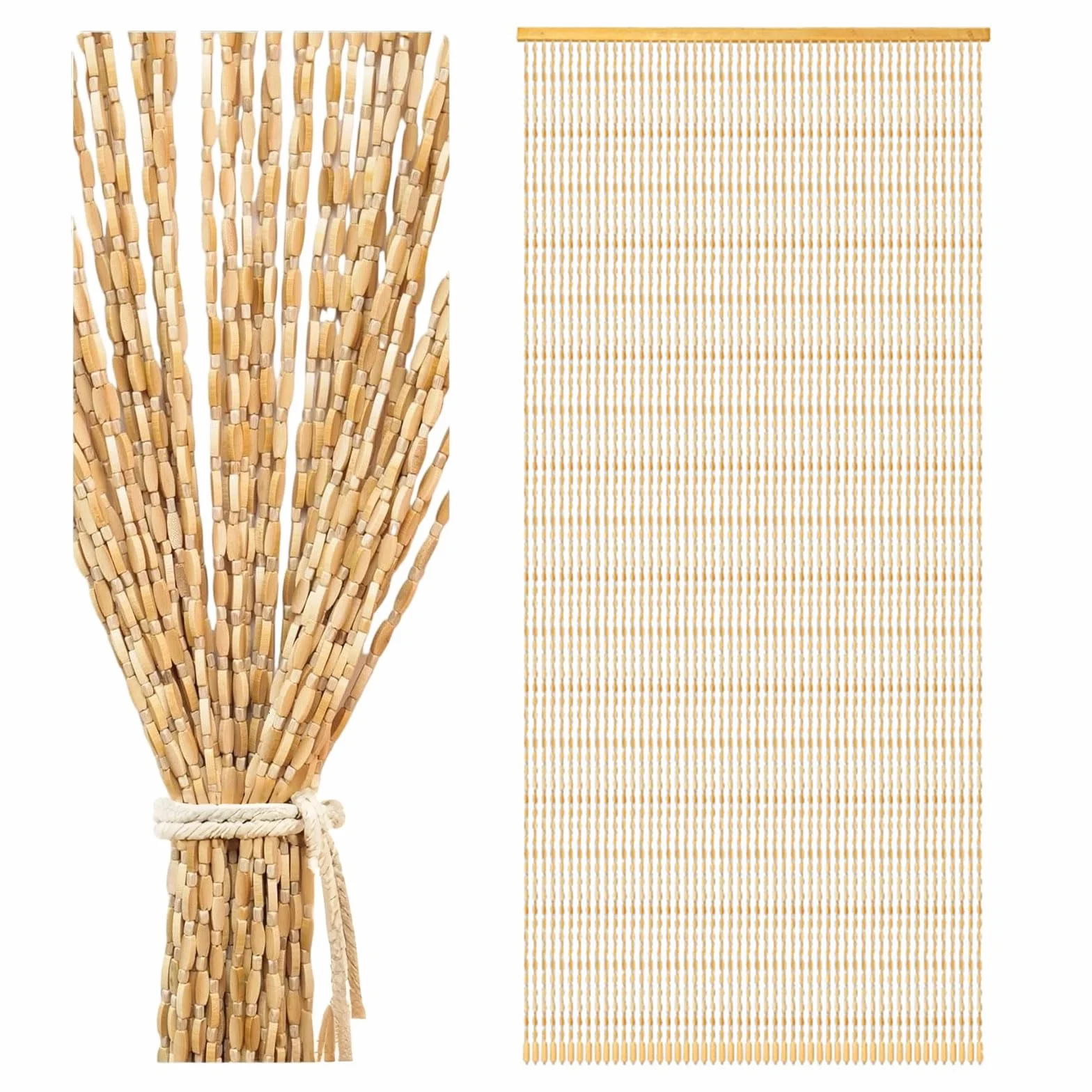 Cortina de perlas para puerta de balcón, 90 x 200 cm, cortina de puerta estilo bambú con 52 hilos, cortina protectora contra insectos de perlas de madera para balcón, dormitorio, camping, cortina