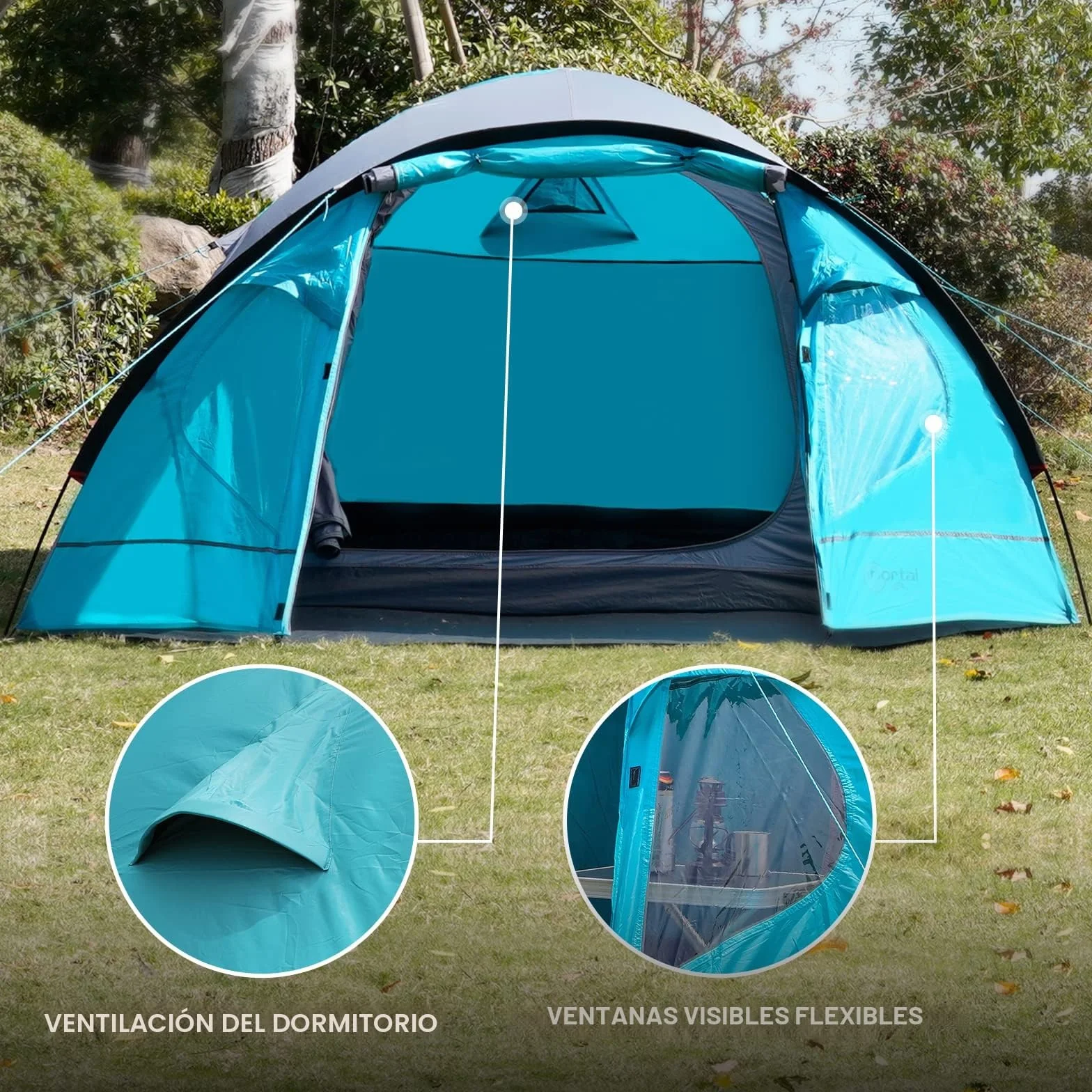 Tienda de campaña impermeable 4000 mm para 3-4 personas con toldo familiar camping viajes trekking jardín
