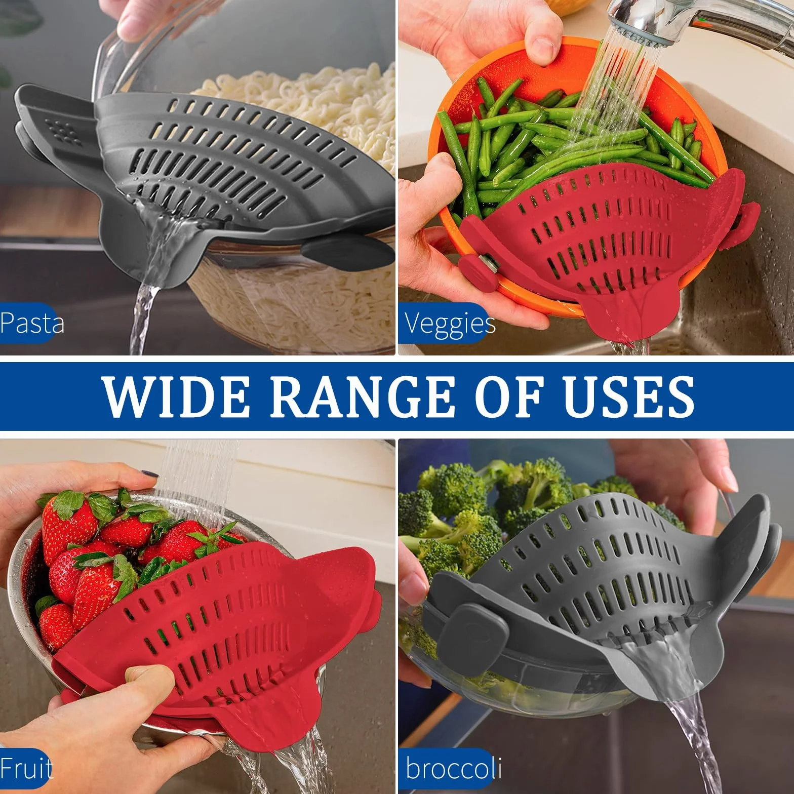 Escurridor de Pasta Plegable con Clip (2 Piezas) – Colador de Silicona Flexible para Ollas y Sartenes, Escurre Pasta, Arroz y Verduras, Sin BPA, Apto para Lavavajillas – Gris y Ro