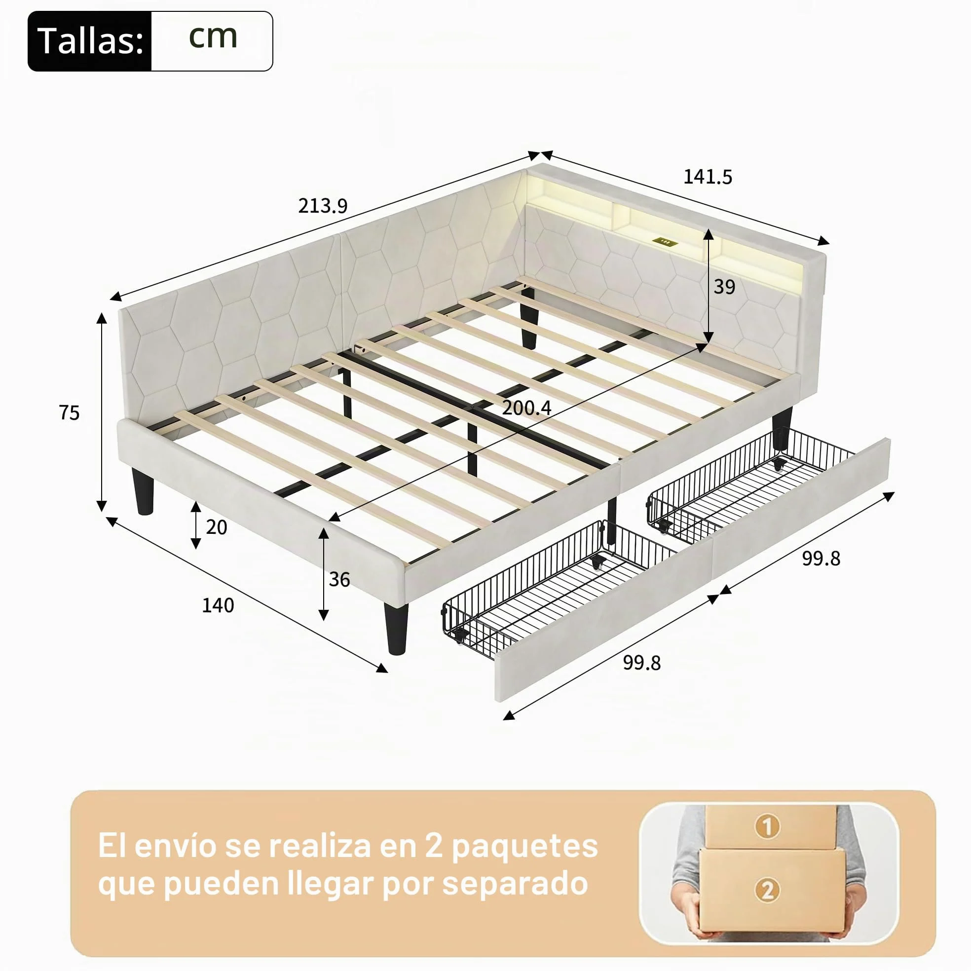 Cama doble 140 x 200 con 2 cajones y espacio de almacenamiento, cama acolchada en L con lámpara LED y USB, paredes laterales intercambiables, sofá cama moderno, sin colchón (Beige C, 140 x 200)