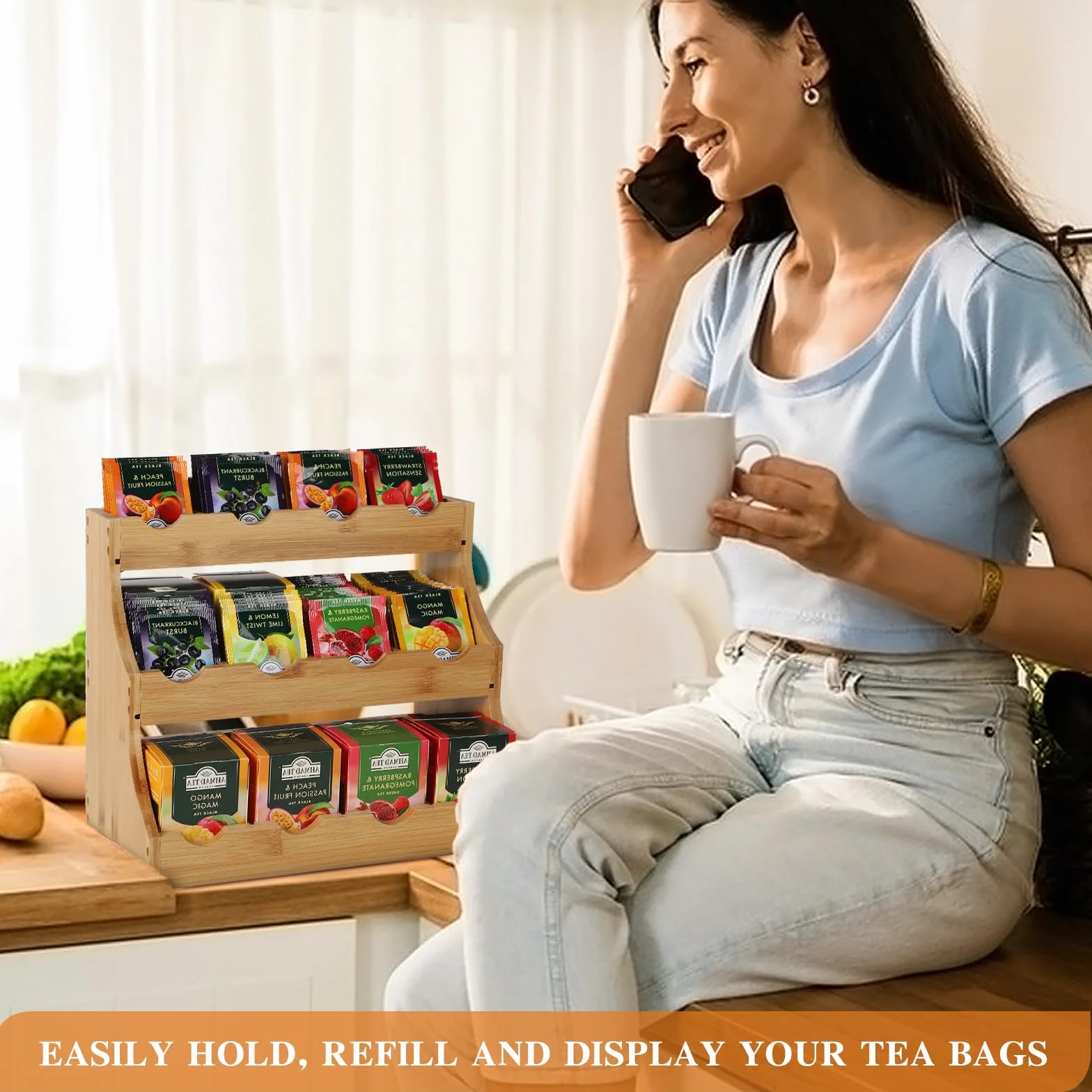 EFUTURETIME Organizador de Bolsitas de Té de Pie de Bambú, 30,7 x 25 x 20,5 cm, Estante de Té Vertical de Madera con 12 Compartimentos Ajustables, para Paquetes de Té, Café, Azúcar y Agitadores