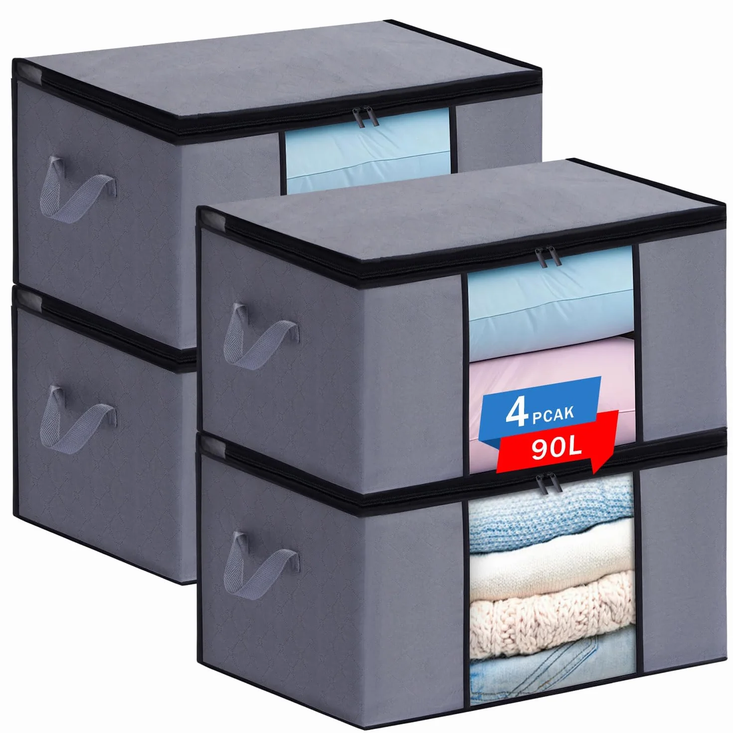4PCS 90L Cajas Almacenaje Ropa, Bolsa Almacenamiento Ropa Plegable con Ventana Transparente, Organizador Armario para Abrigos Mantas Edredones, 60x43x35cm | Organizadores de armario plegables de gran capacidad, para ropa, edredones, mantas, color gris