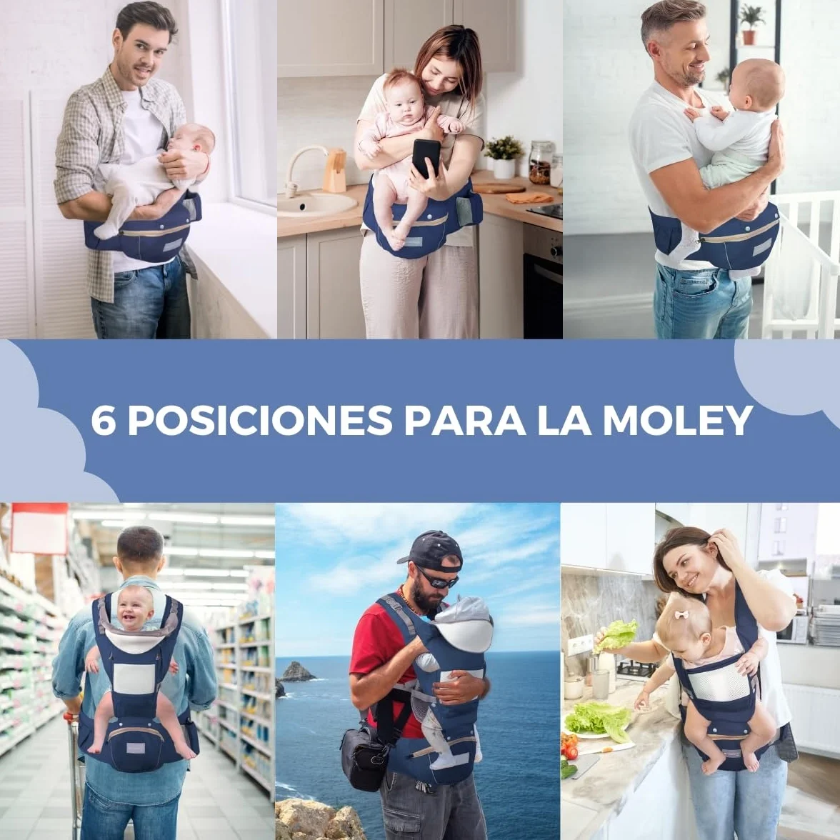 Mobiclinic® Mochila portabebés 6 en 1 Moley Multiposición Plegable Algodón premium suave 0-36 meses azul marino