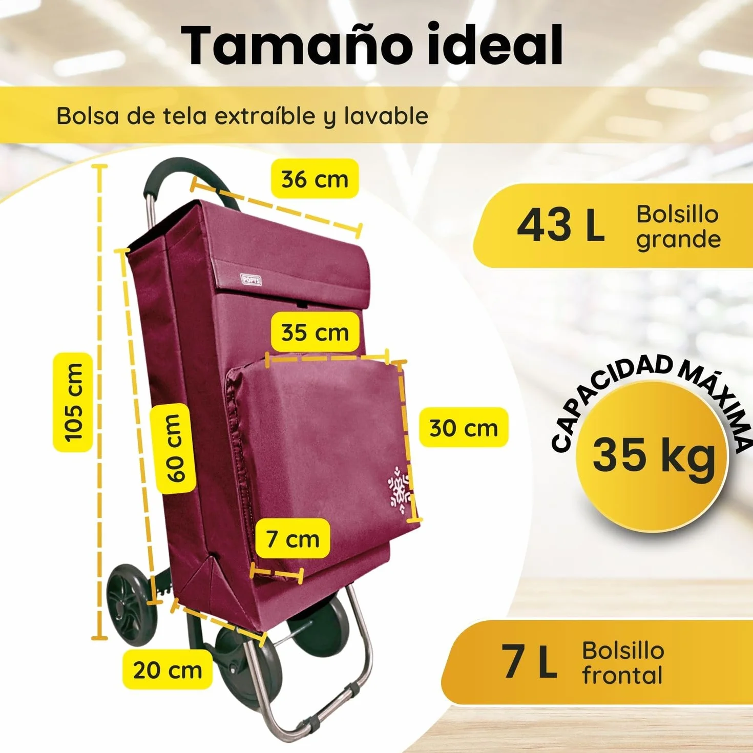 Carro de la Compra 50L con Compartimento Refrigerante y Gancho, 4+2 Ruedas Ideal Supermercado Granate