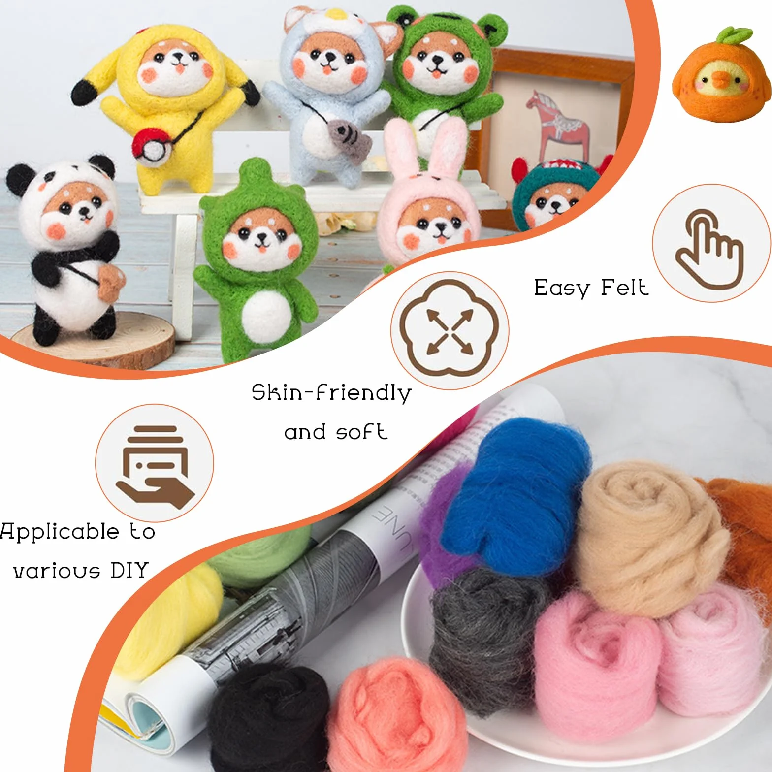 40 Colores Lana de Fieltro Lana Gruesa Fieltro Kit Inicio Aguja Fieltro Seco y HúMedo Oveja Natural Cardada Merino Cuento Hadas para Niños Principiantes Mano Creativos Manualidades Bricolaje
