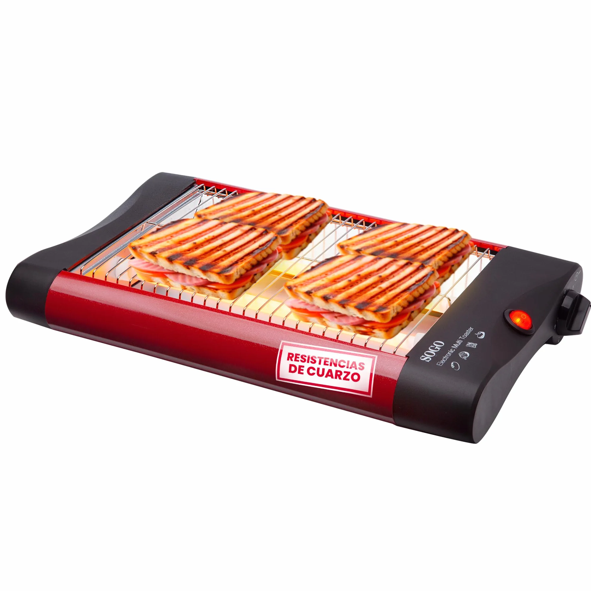 SOGO Tostadora Horizontal para Pan y Bollería – Tostadora Pan Plana con Resistencias de Cuarzo y Temporizador de 5 Minutos – Bandeja Extraíble para Migas e Indicador luminoso