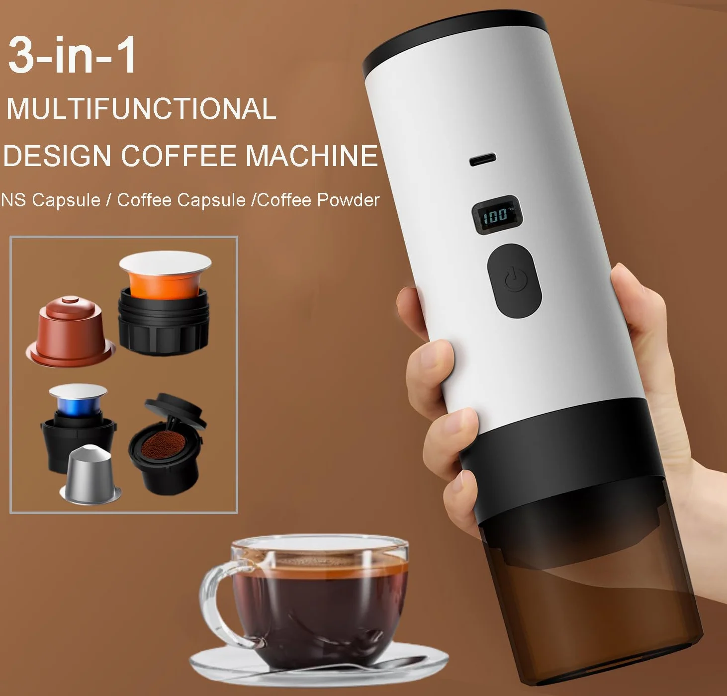 scosao Cafetera Eléctrica Portátil 12 V Cafetera Capsulas, Máquina de Café Espresso Auto-Calentamiento para Camping Coche Viajes Casa, compatible con cápsulas NS y Café Molido